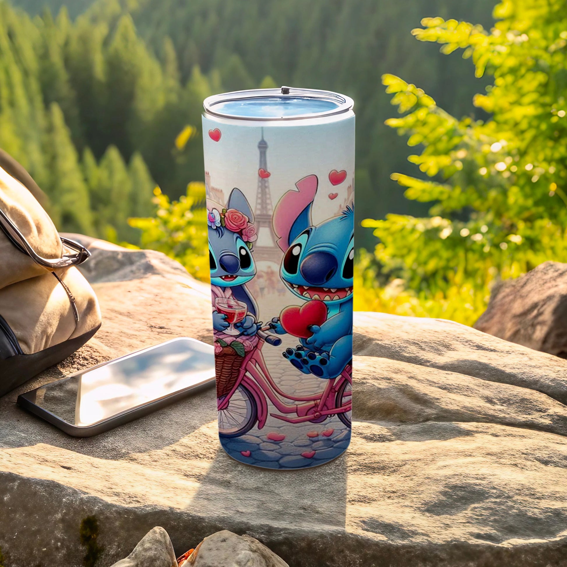 Adorable Stitch and Angel Bike Ride Tumbler Cup