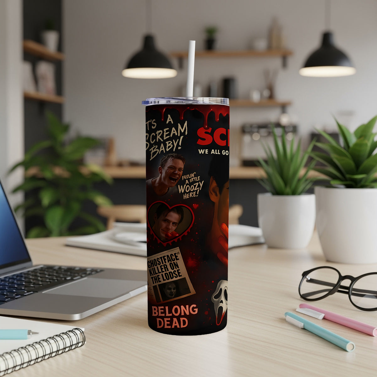 Scream tumbler with "It's a Scream Baby!" and Ghostface graphic.