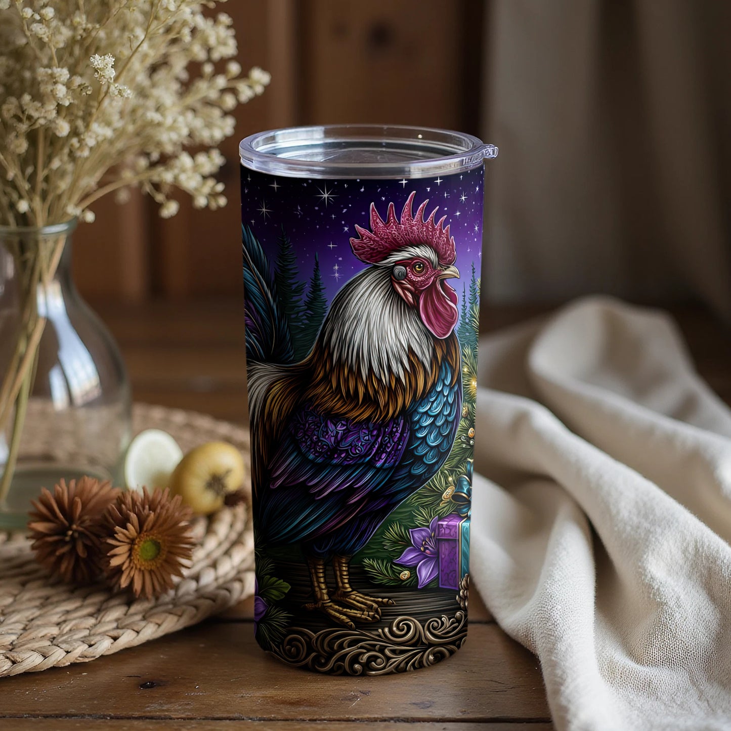 Rooster under starry night in festive colors tumbler