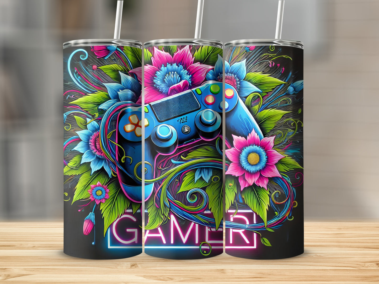 Gaming controller and "GAMER" text amidst neon flowers and leaves.