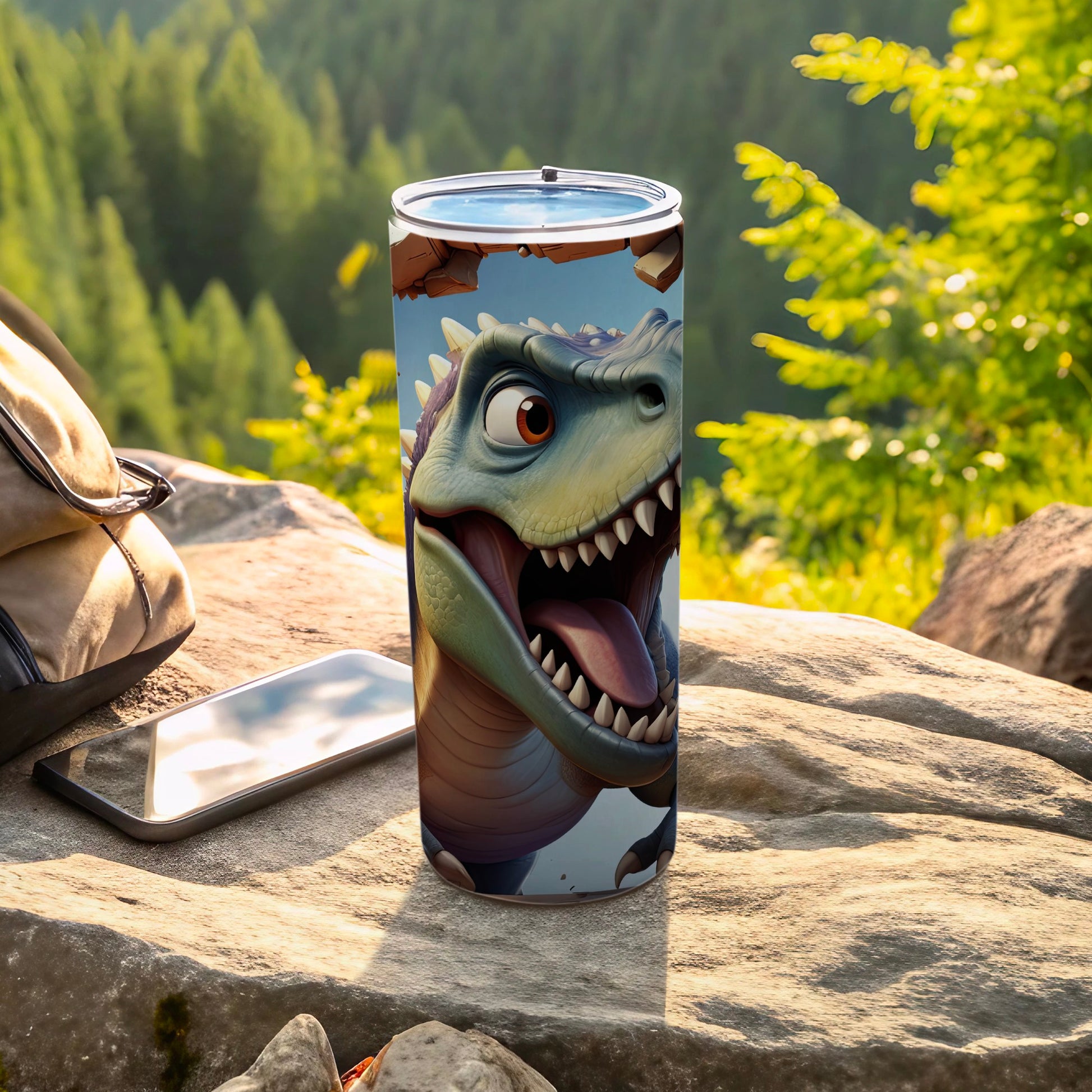 Tumbler with a cartoon T-Rex head on a rock with a phone and backpack.