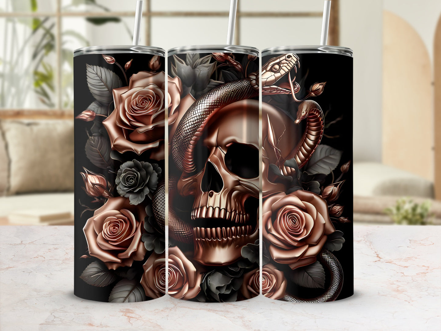 Skull and snake entwined with dark roses, on a tumbler.