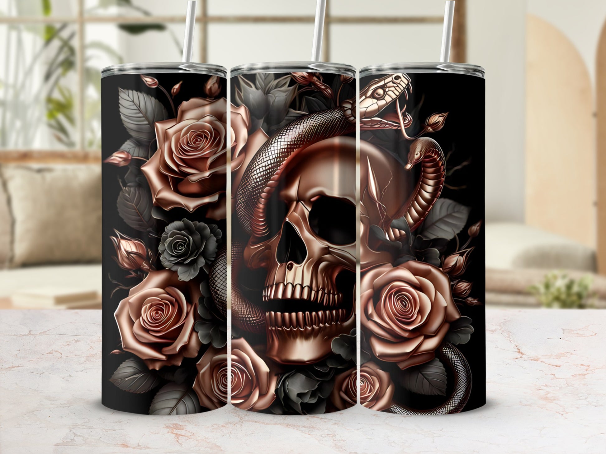Skull and snake entwined with dark roses, on a tumbler.