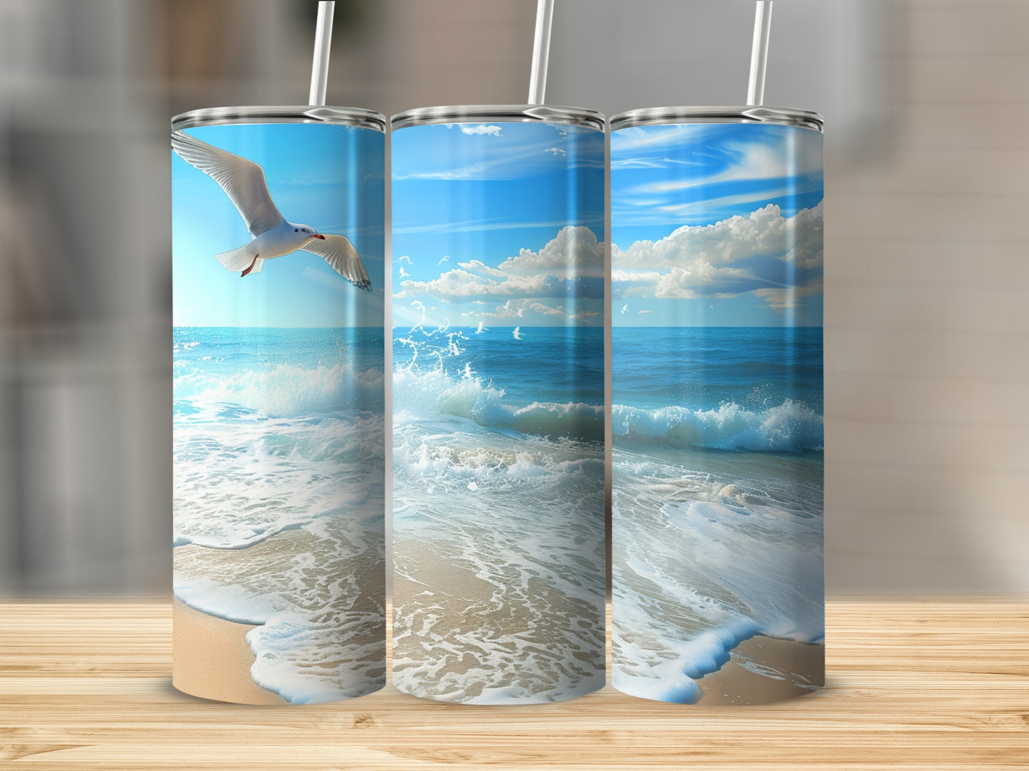 Seagull flying over a beach with ocean waves under a blue sky.