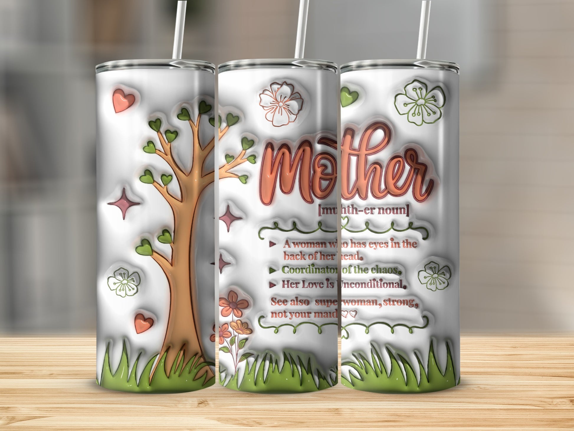 Tumbler with "Mother" text and definition, featuring a stylized tree.