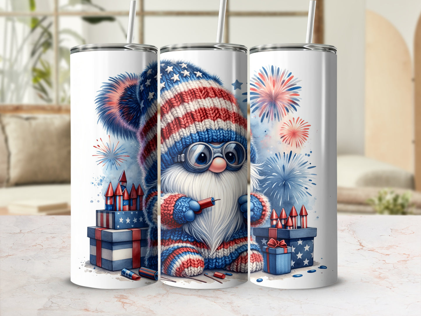 Gnome in patriotic outfit with fireworks and gifts on tumblers.