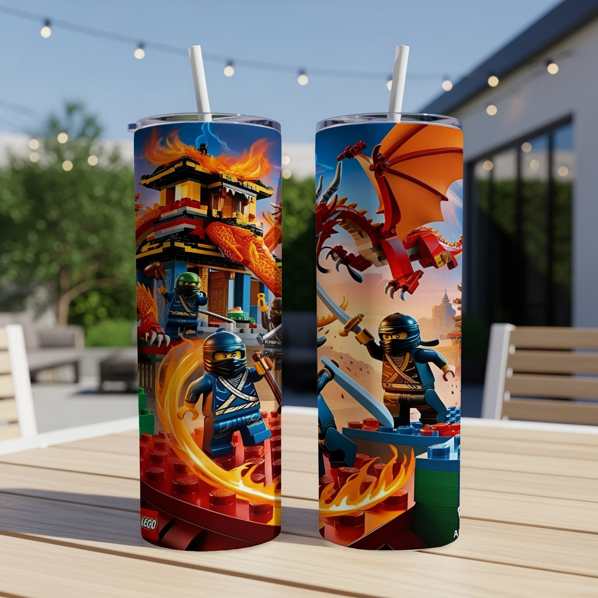 LEGO Ninjago characters with dragon and burning building on two tumblers.
