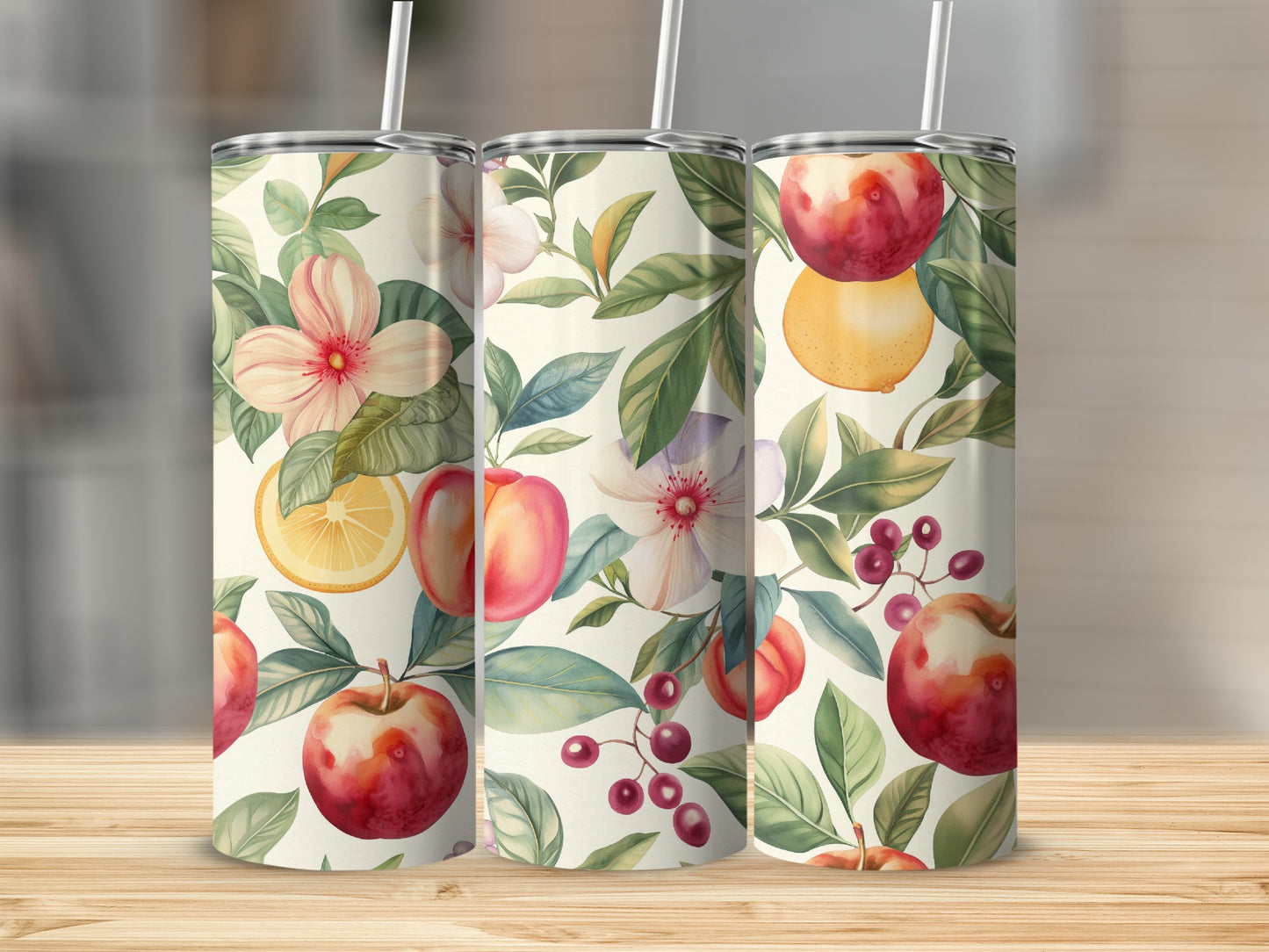 Three tumblers with a floral and fruit pattern, featuring apples, peaches, and berries.