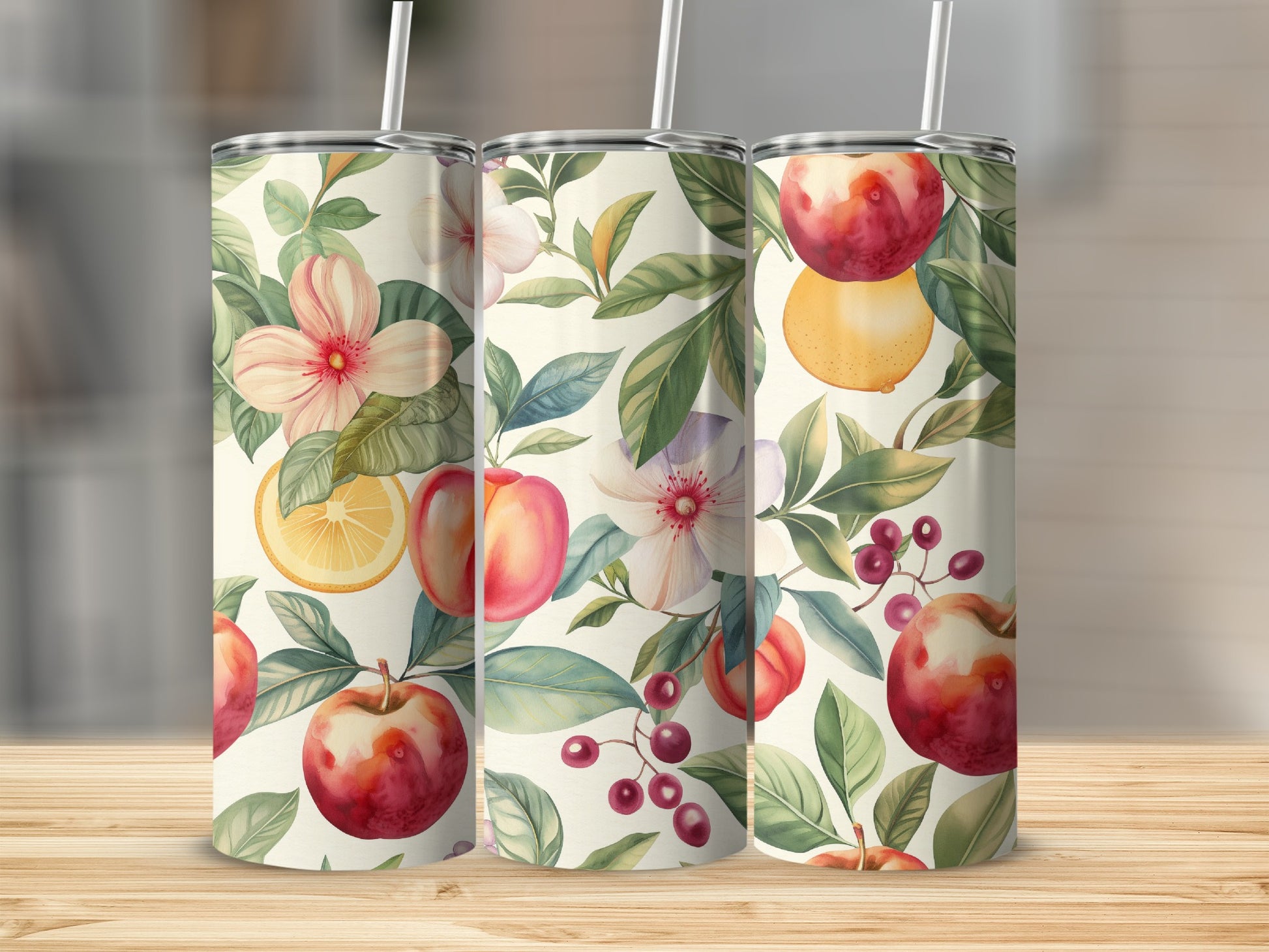 Three tumblers with a floral and fruit pattern, featuring apples, peaches, and berries.