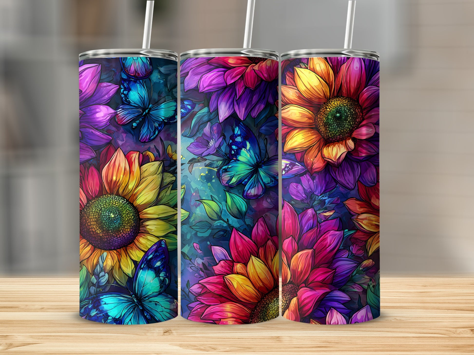 Colorful Floral and Butterfly Design Tumbler