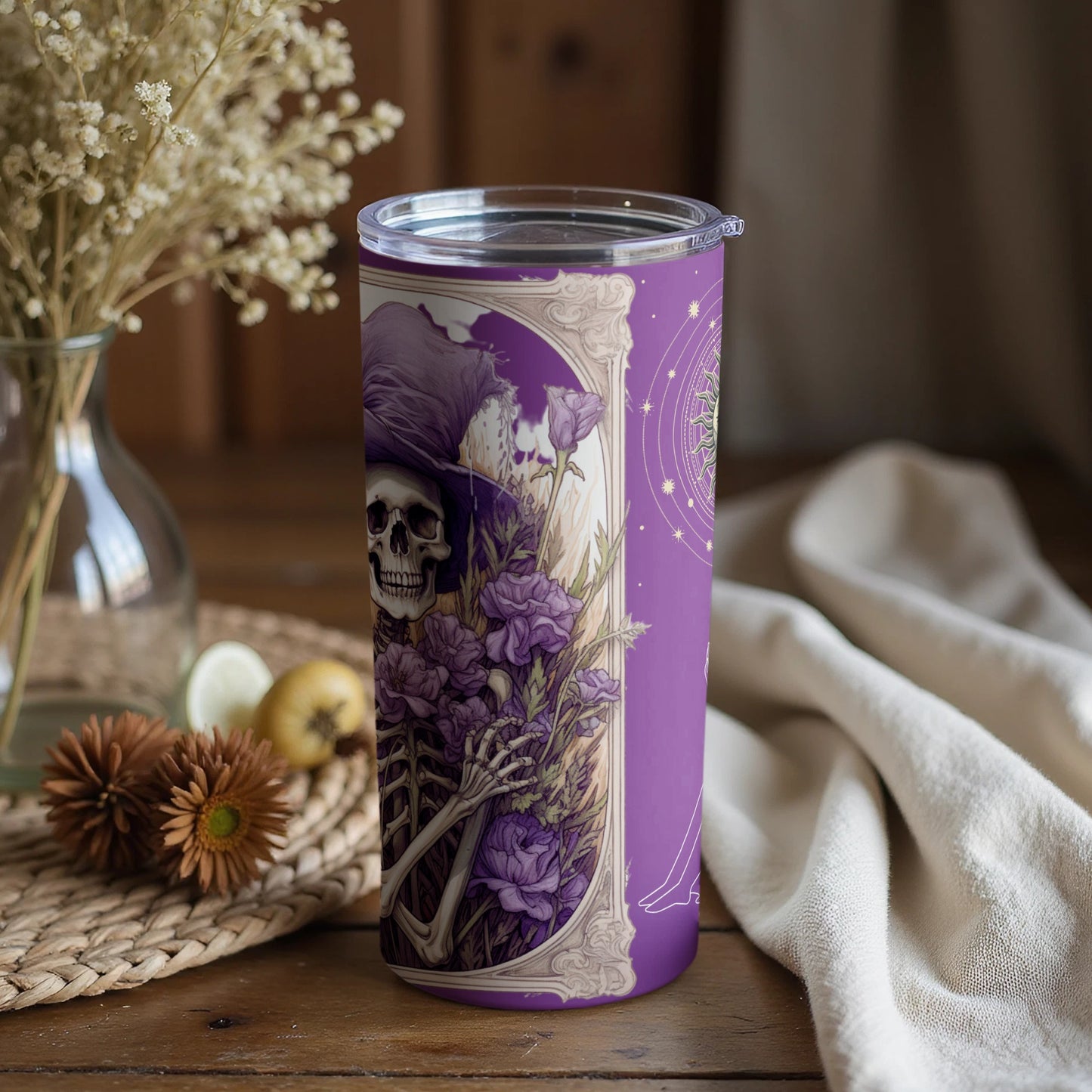 Skeleton in Purple Hat with Flowers Tumblers Display