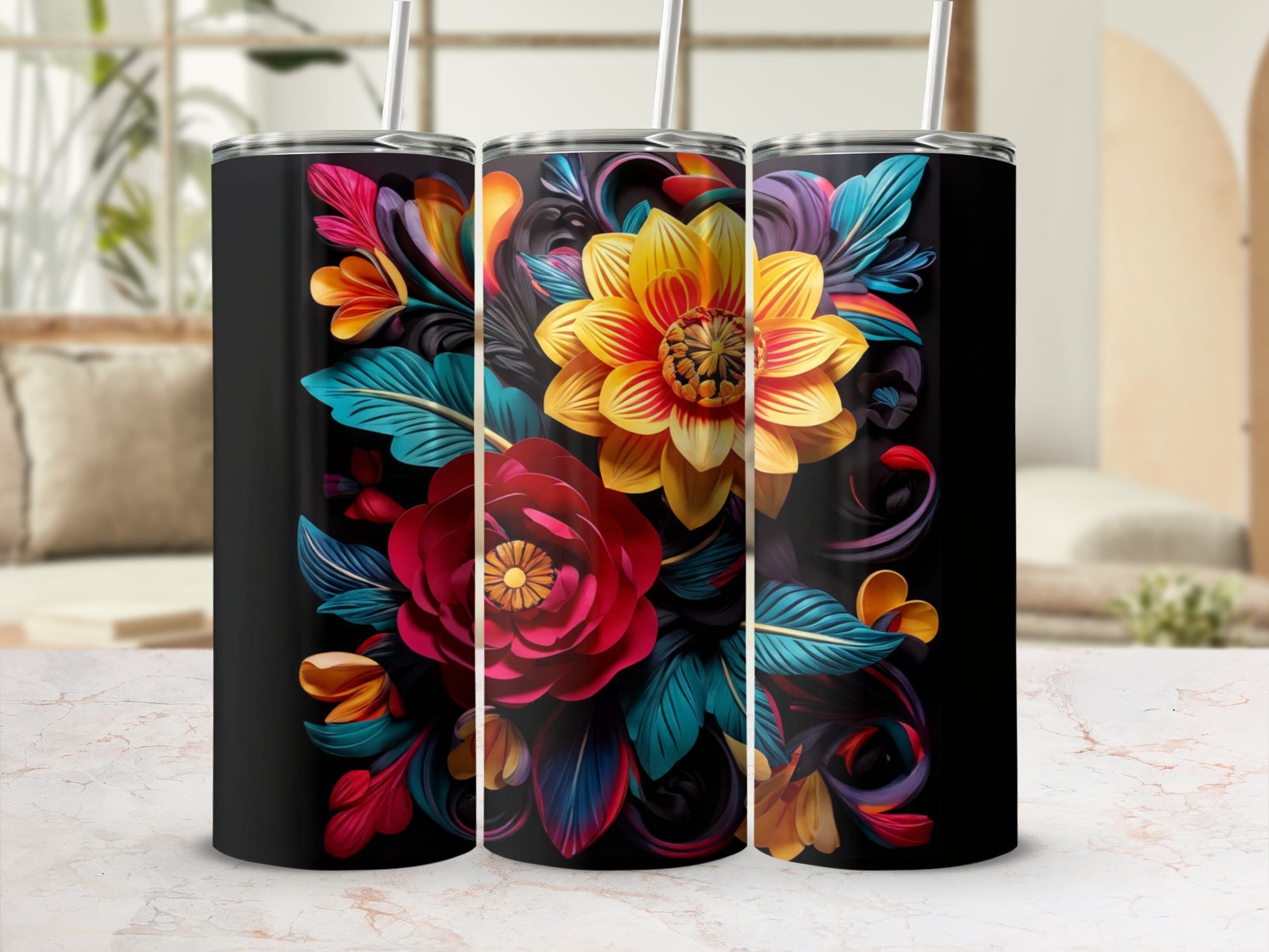 Black tumbler with vibrant floral design featuring yellow and red flowers.