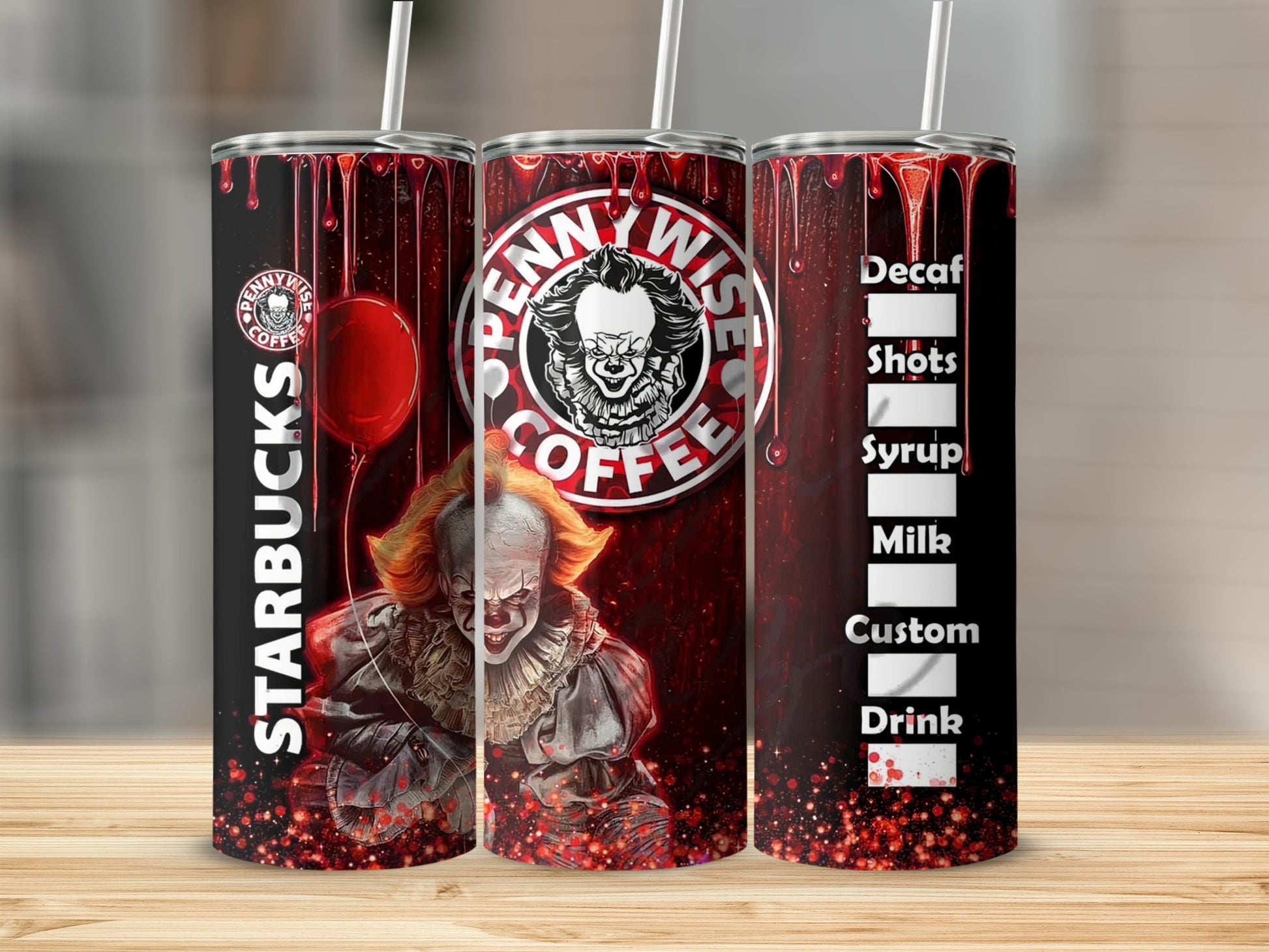 Starbucks Pennywise Coffee tumbler with drink order options.