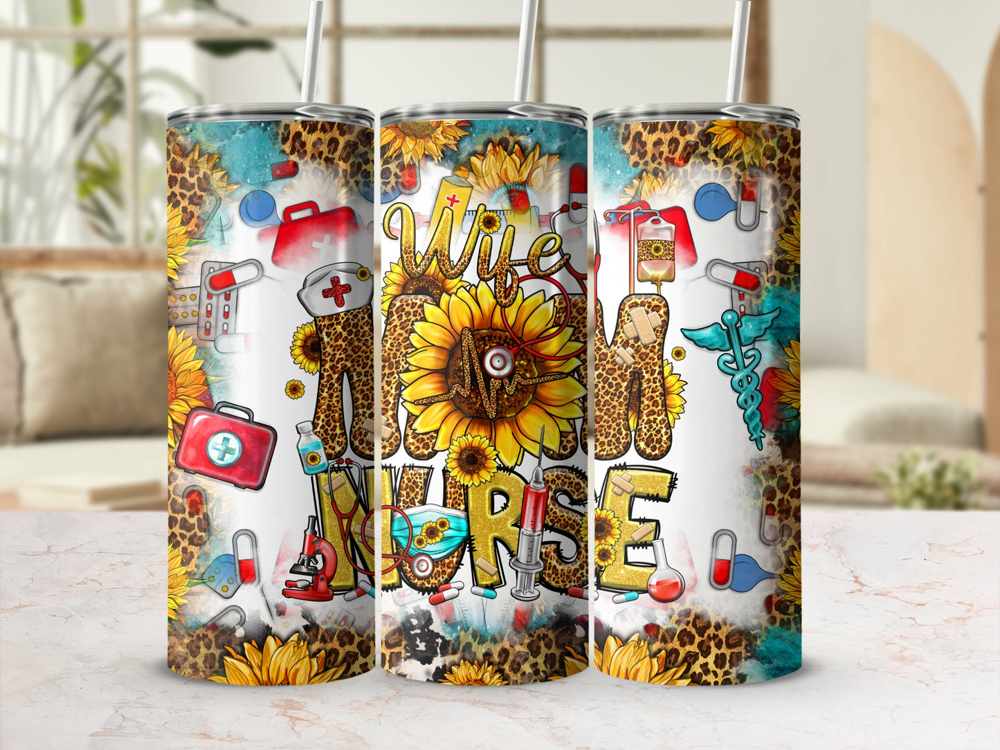 Sunflower nurse tumbler with medical icons and leopard print.