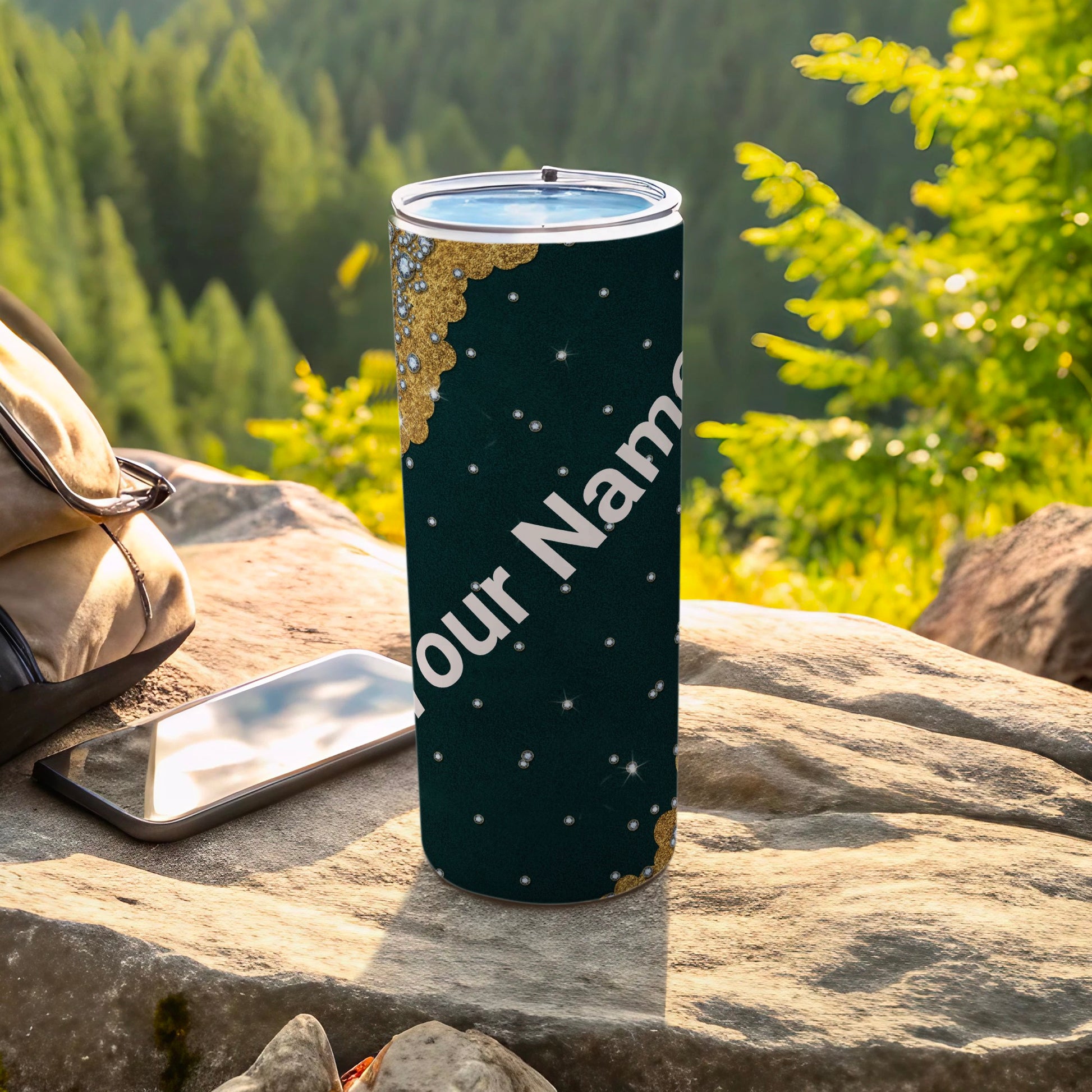Personalized Black Glitter and Gold Tumbler for Outdoor Adventures