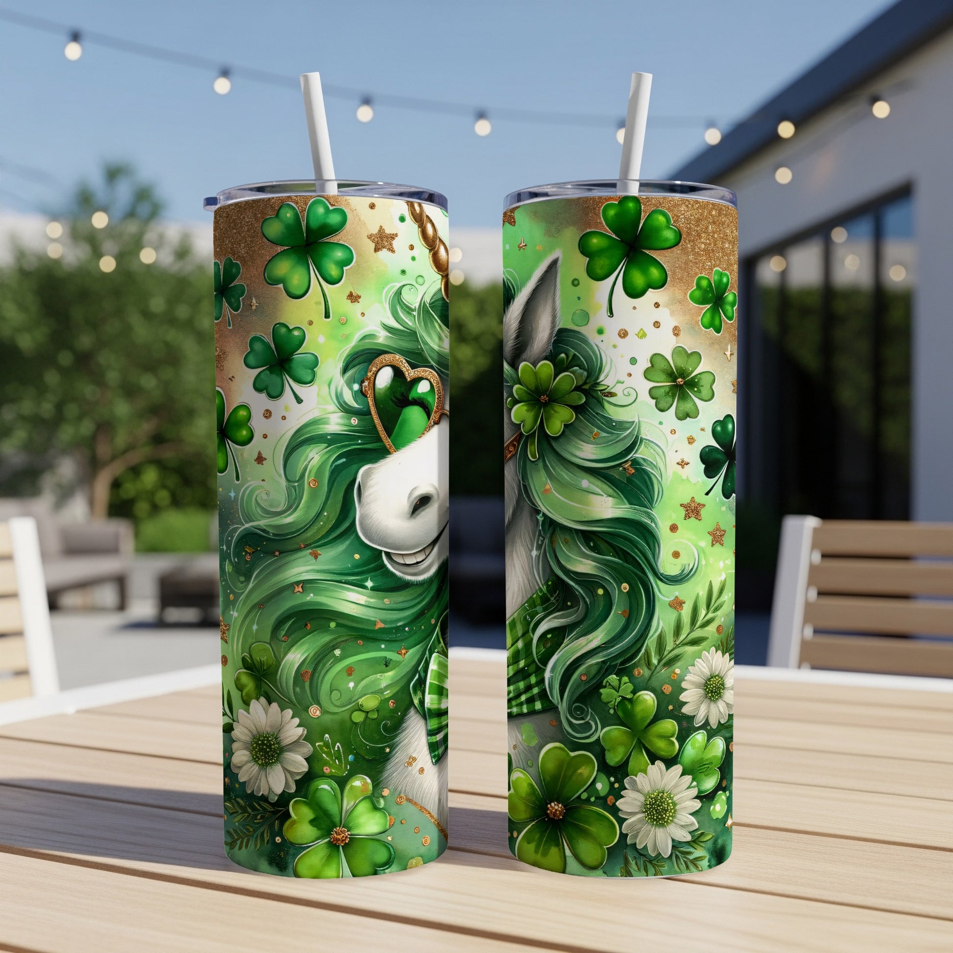 Green unicorn with shamrocks and gold glitter on St. Patrick's Day tumbler.