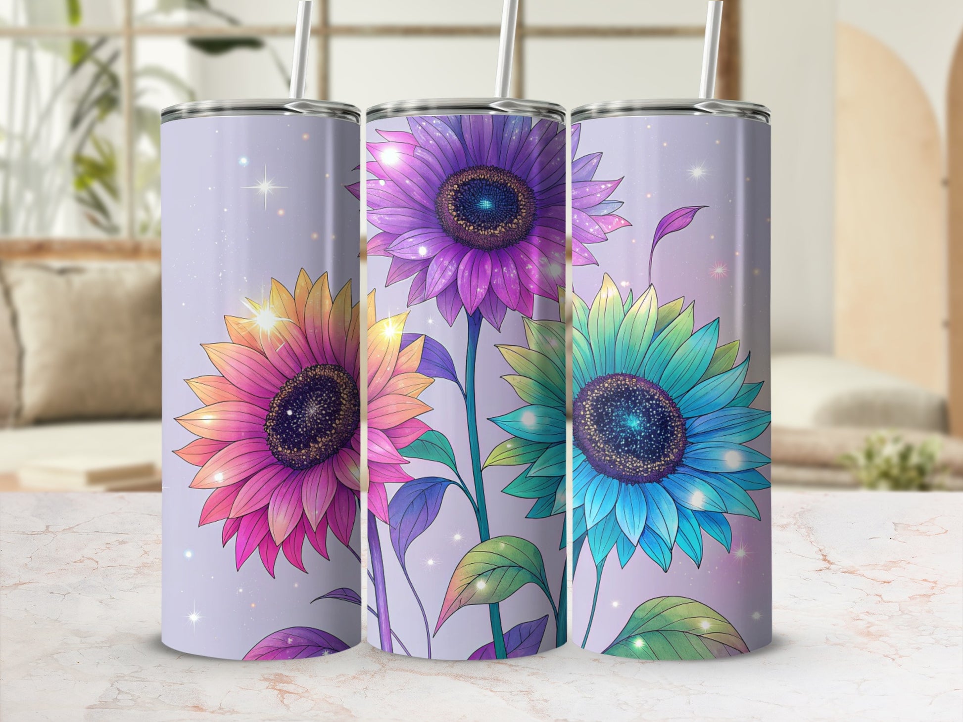 Colorful Sunflower Tumbler with Straw Stainless Steel Flask