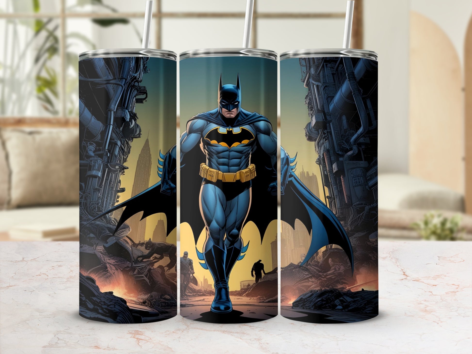 Batman walking forward in a city landscape on a stainless steel tumbler.