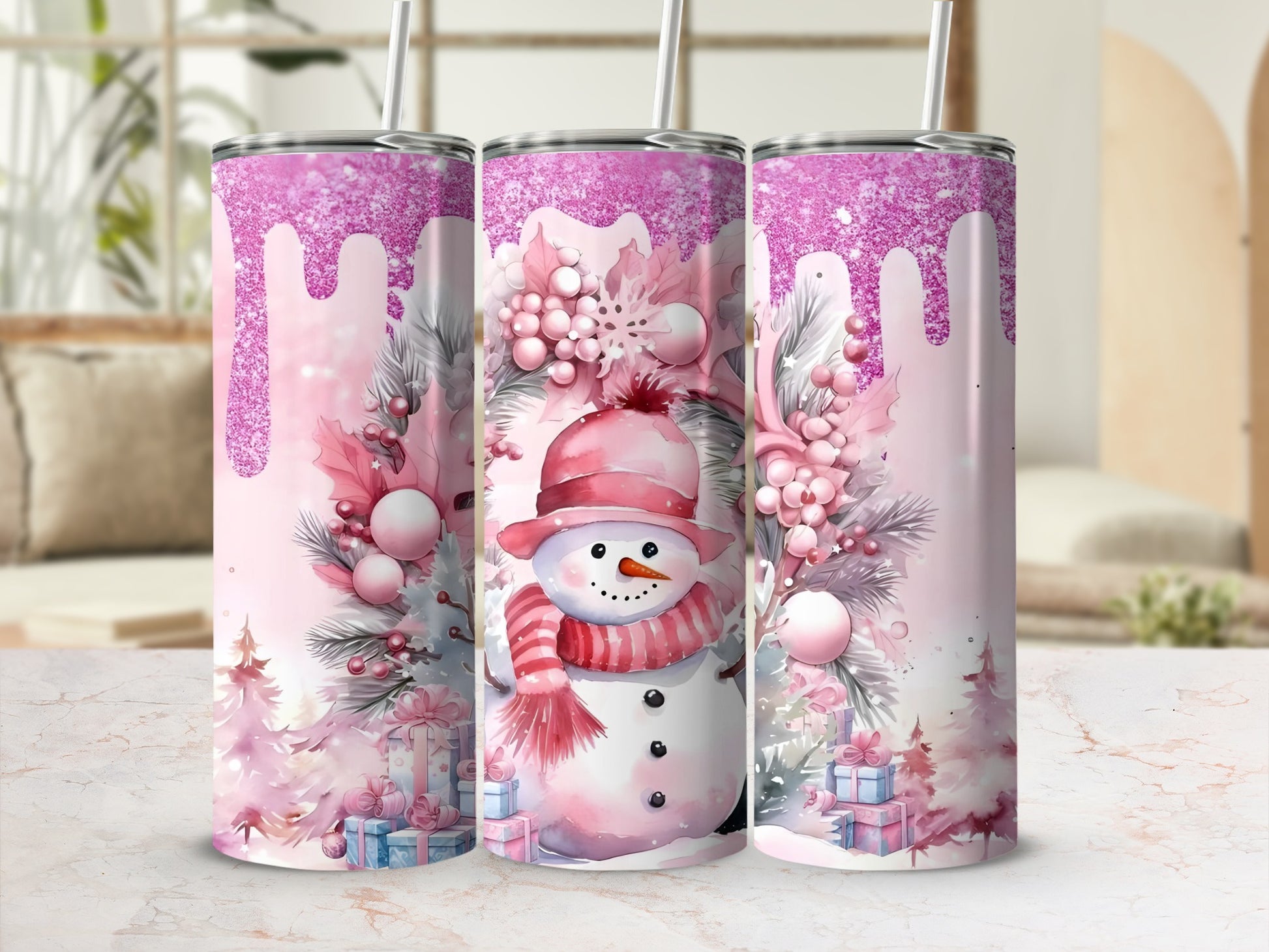 Pink Glitter Snowman and Gifts Design Product