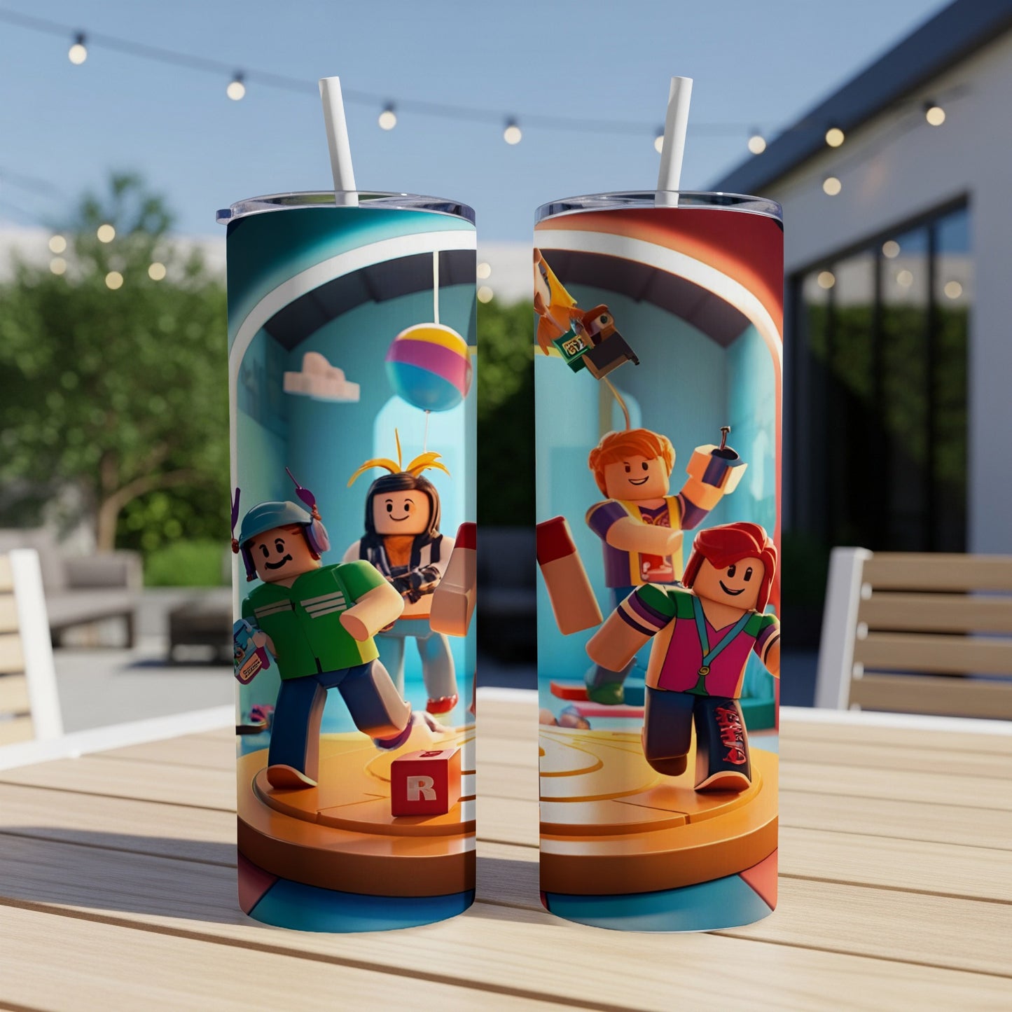 Two Roblox-themed tumblers with colorful characters and game elements.