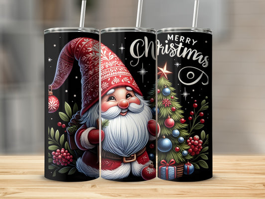 Christmas gnome with tree and gifts, Merry Christmas text.