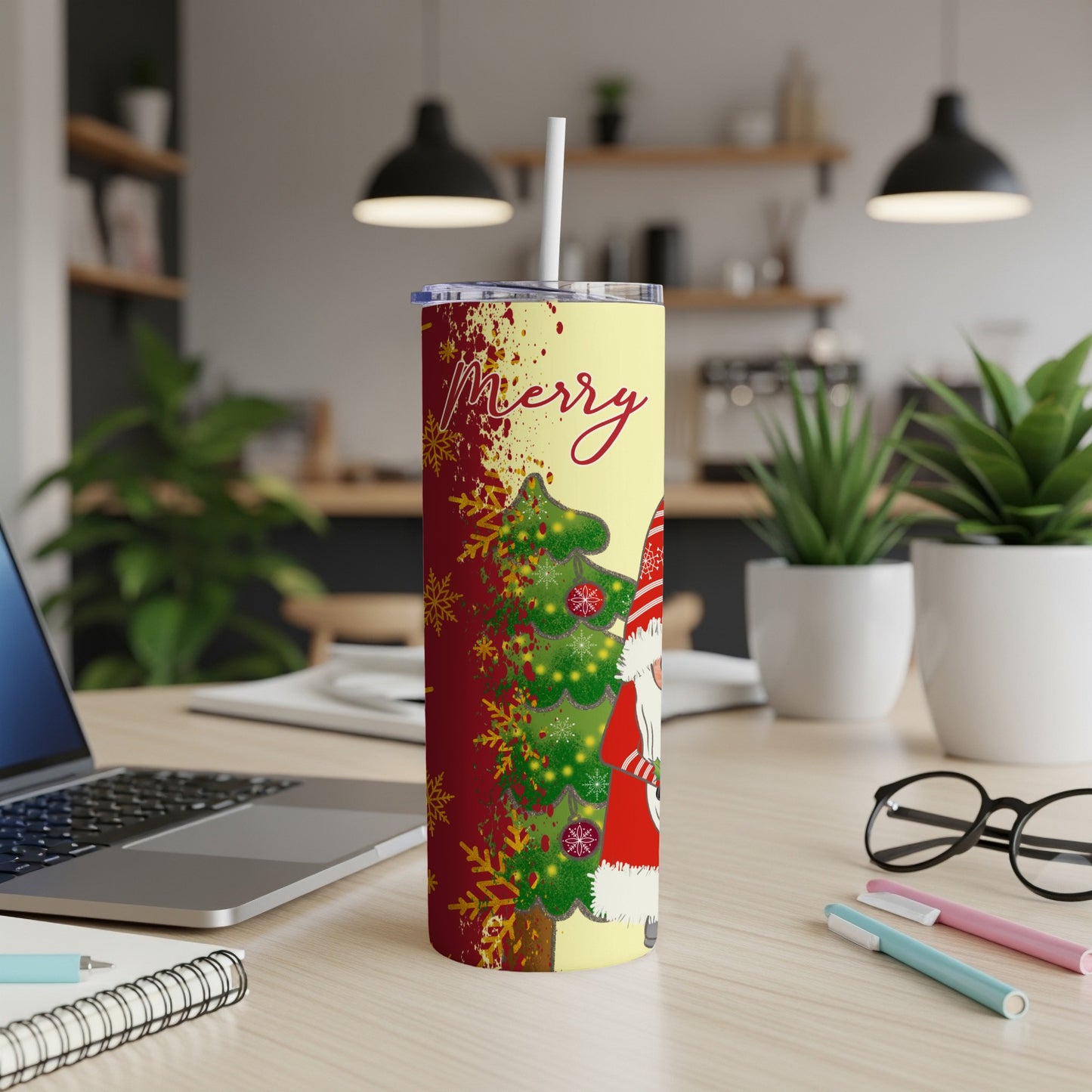 Festive gnome and Christmas tree design on a yellow tumbler with straw.