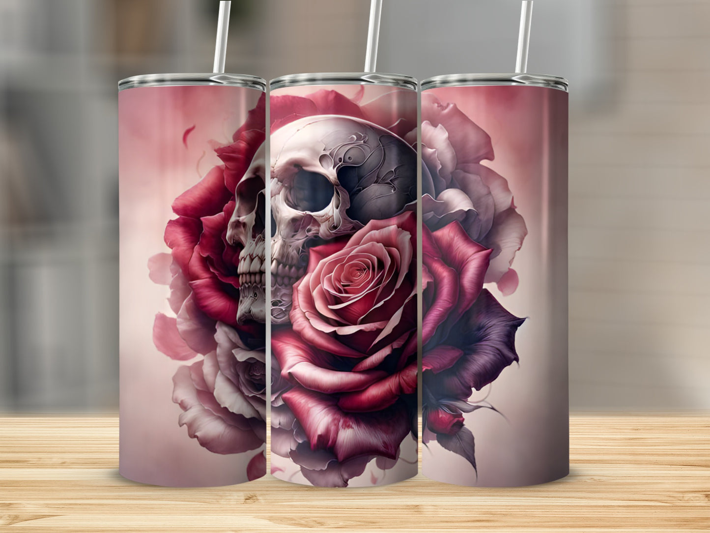 Three tumblers featuring a skull intertwined with red and purple roses.