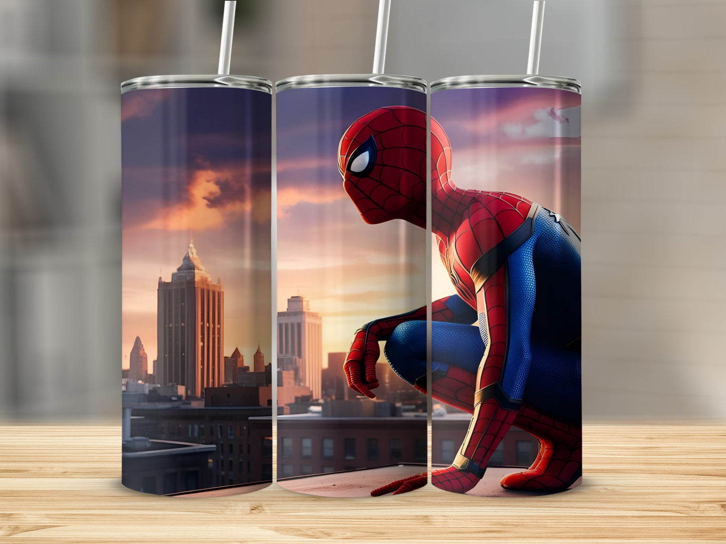 Spiderman crouches on a rooftop with a city skyline behind him.