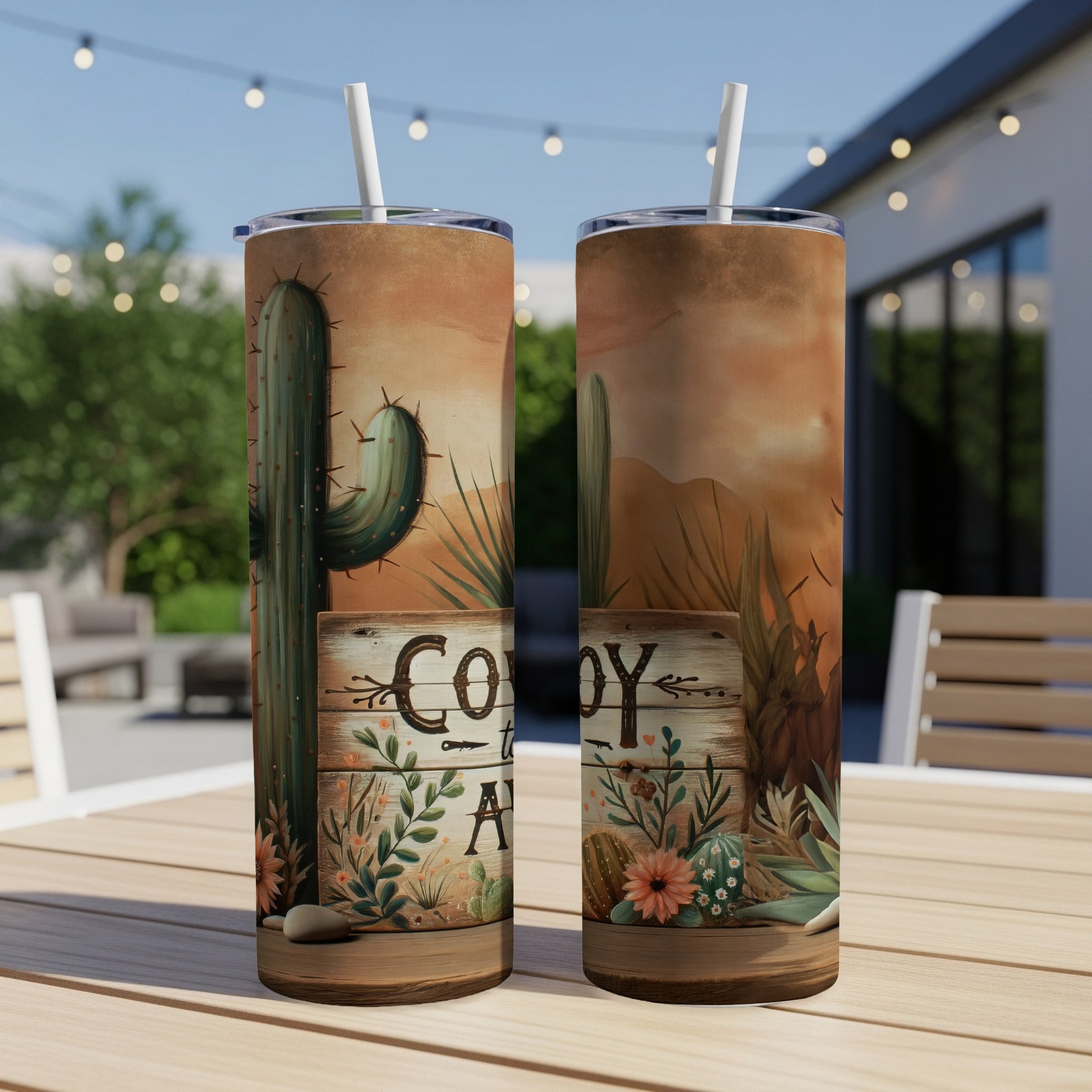Two tumblers with a desert scene and "Cowboy at Heart" text.