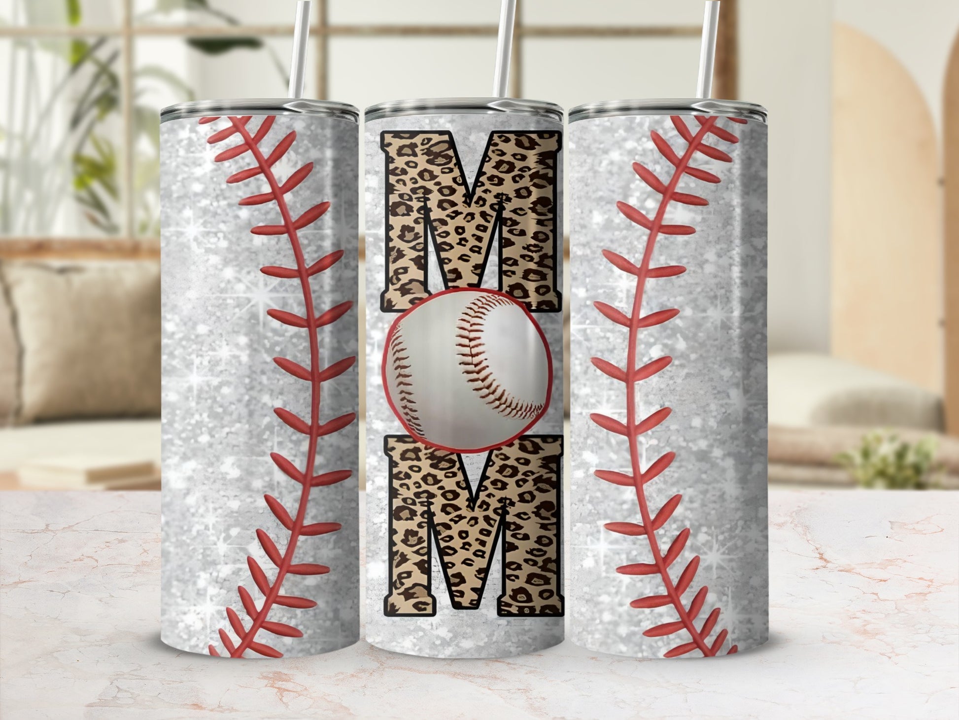 Leopard Print Baseball MOM Glitter Design Tumbler