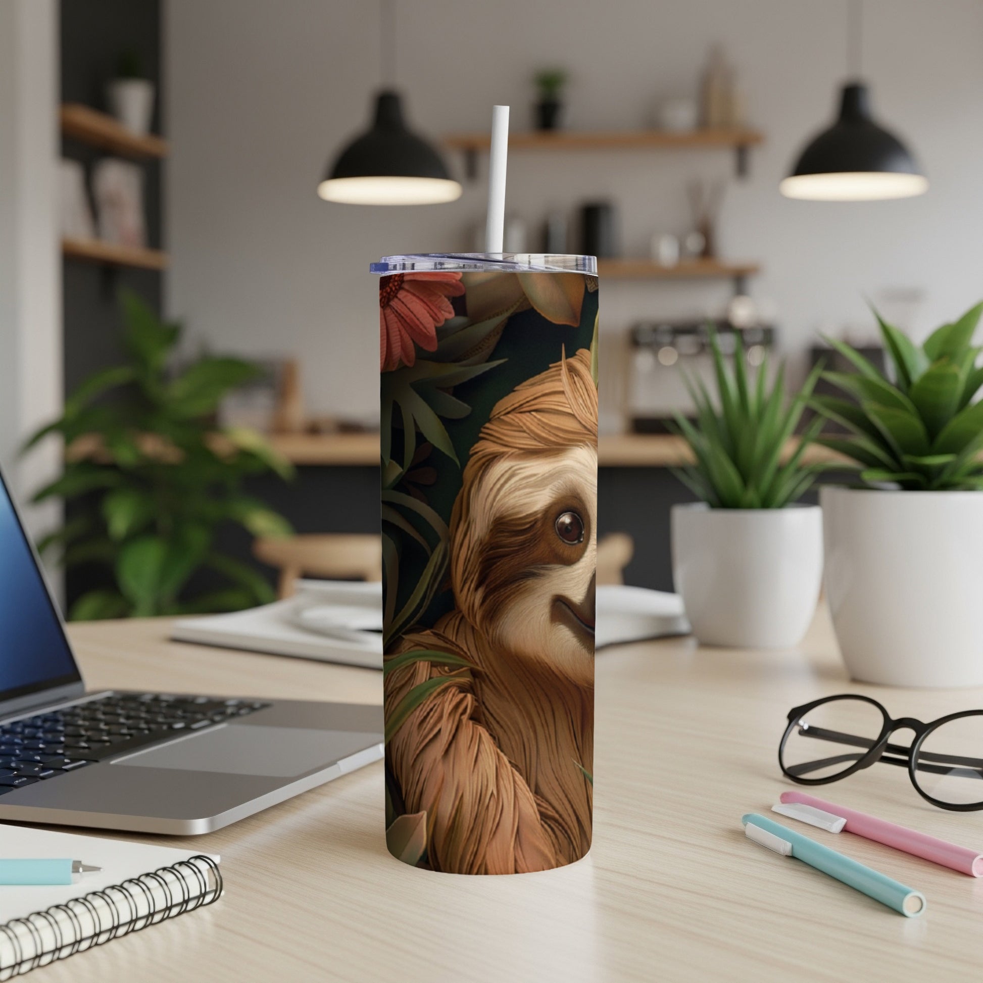 Tumbler with a close-up portrait of a sloth amidst tropical leaves and flowers.