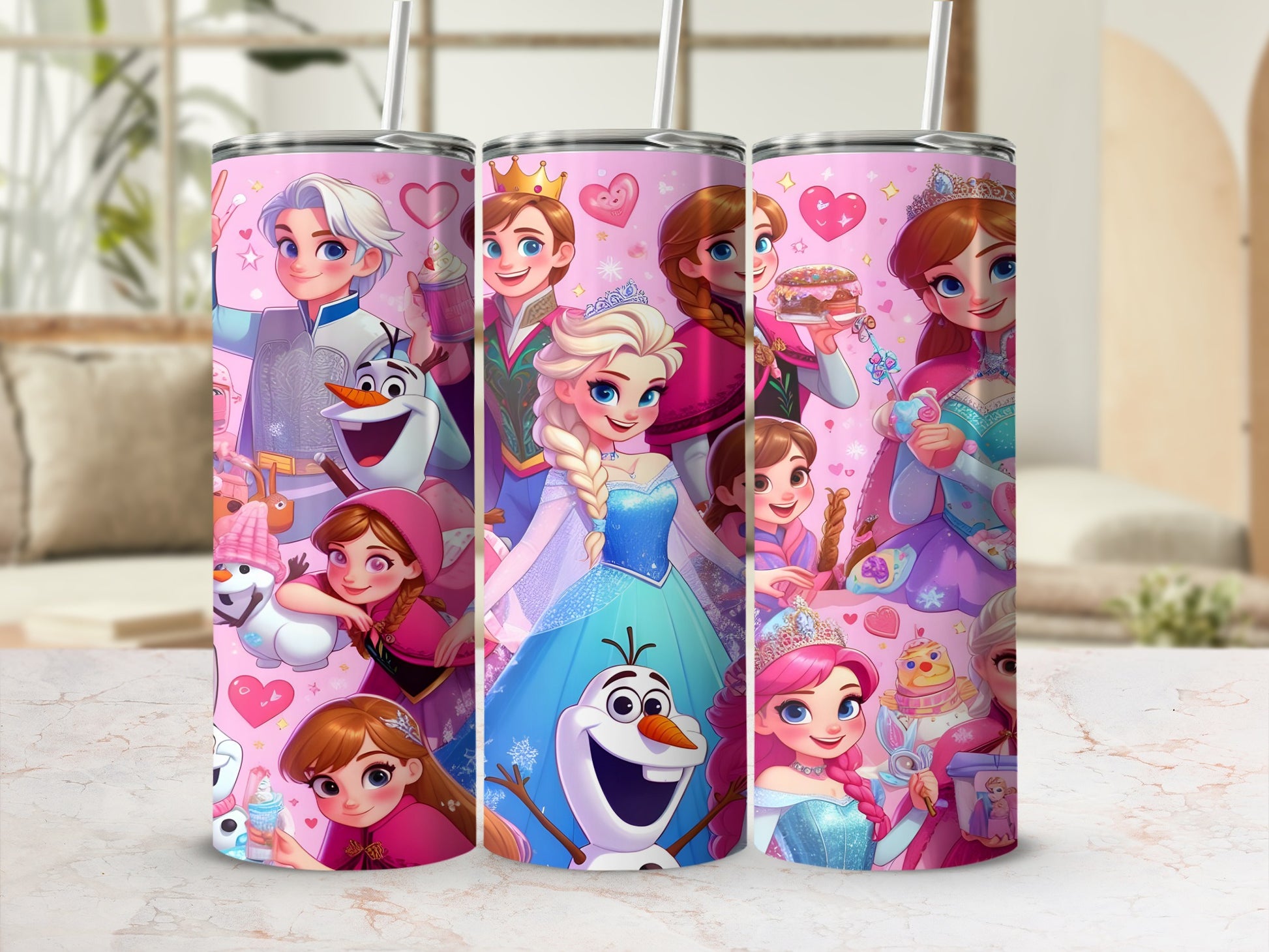 Frozen characters with crowns and snowflakes on a pink tumbler.