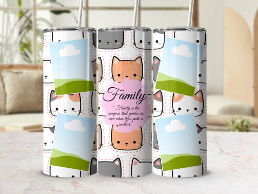 Tumblers with a cute cat pattern and the quote "Family is the compass".