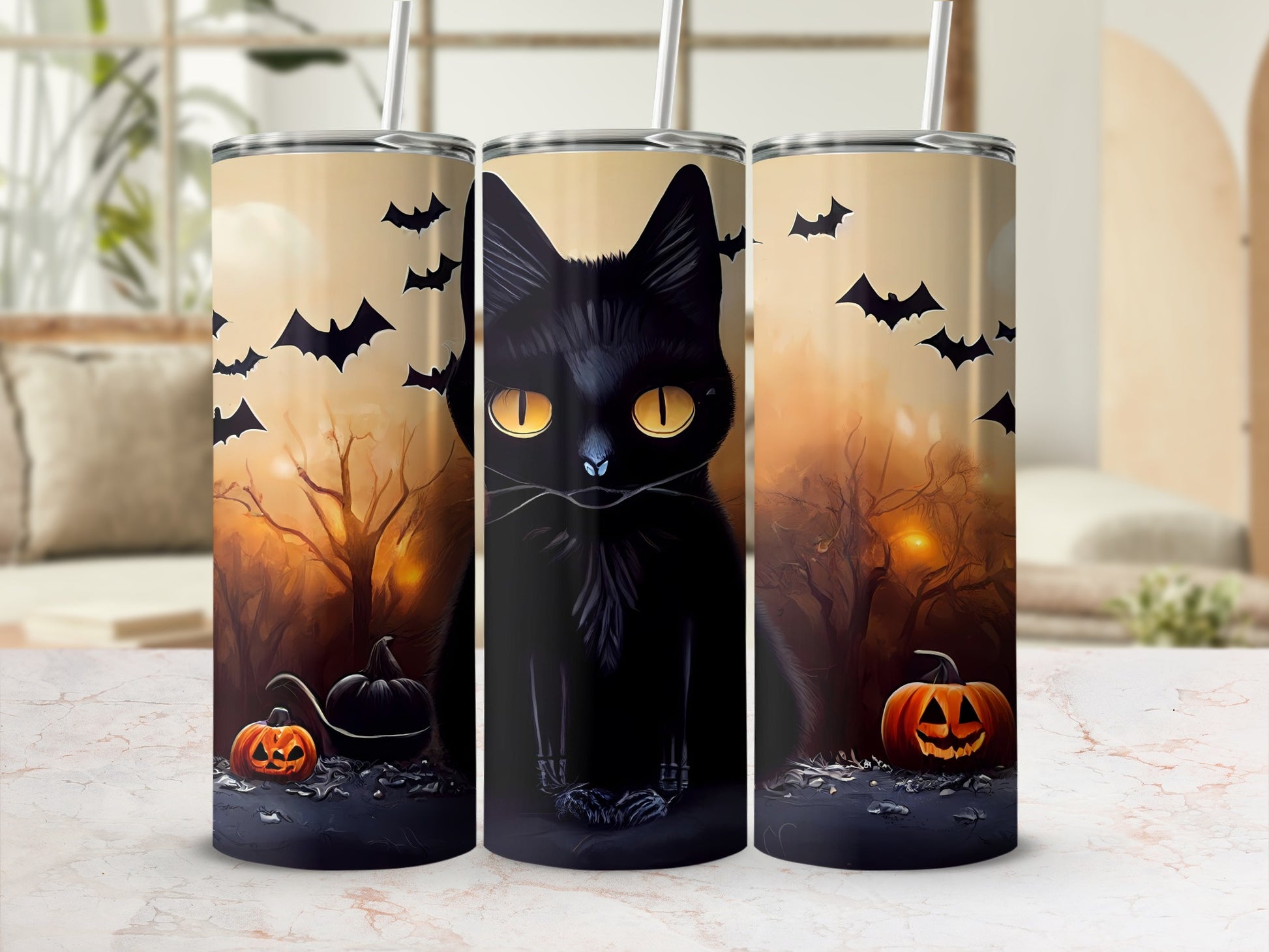 Halloween tumbler with black cat, pumpkins, bats, and spooky trees.