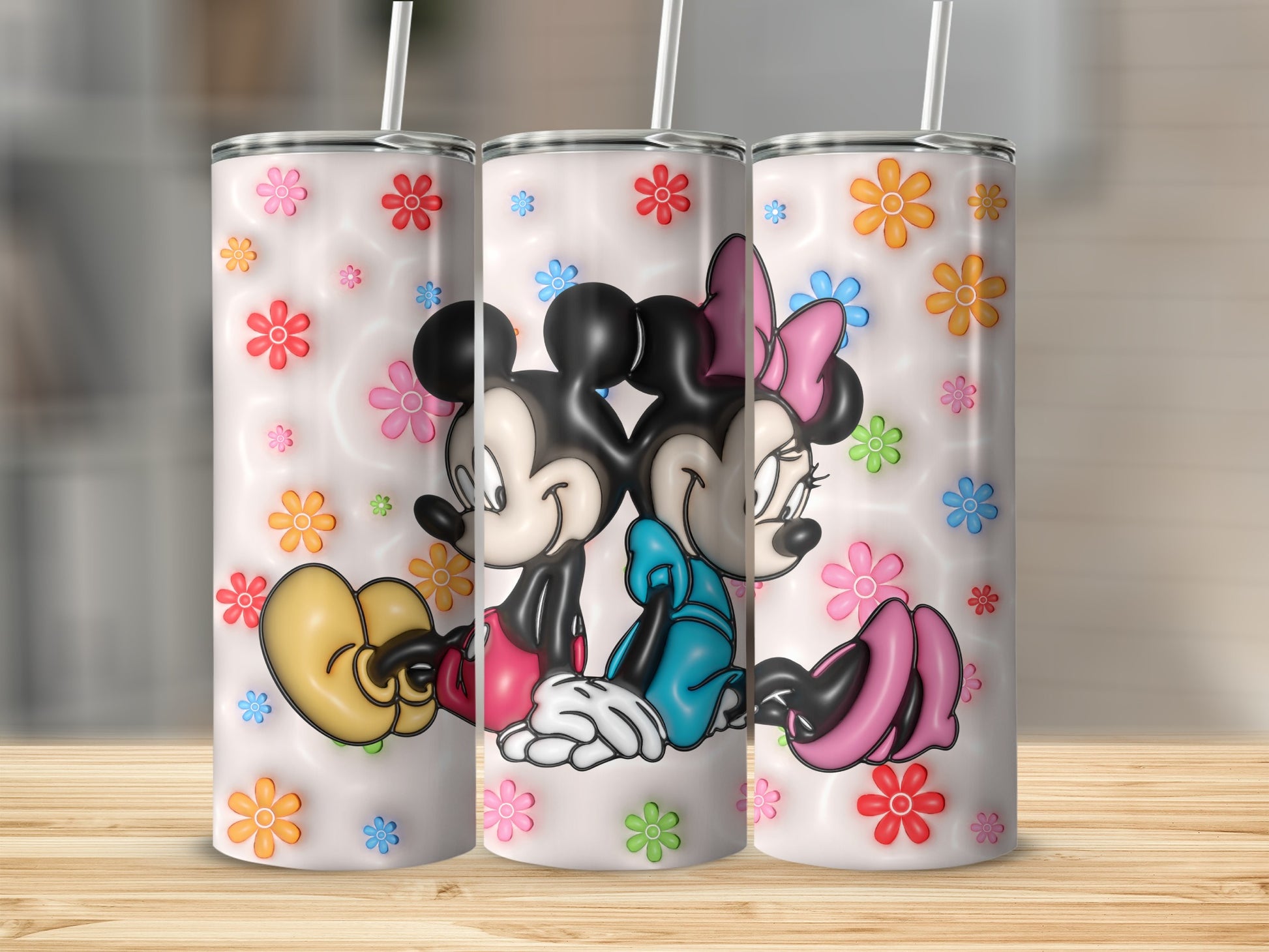 Cute Floral Cartoon Characters Tumbler Design with Straw