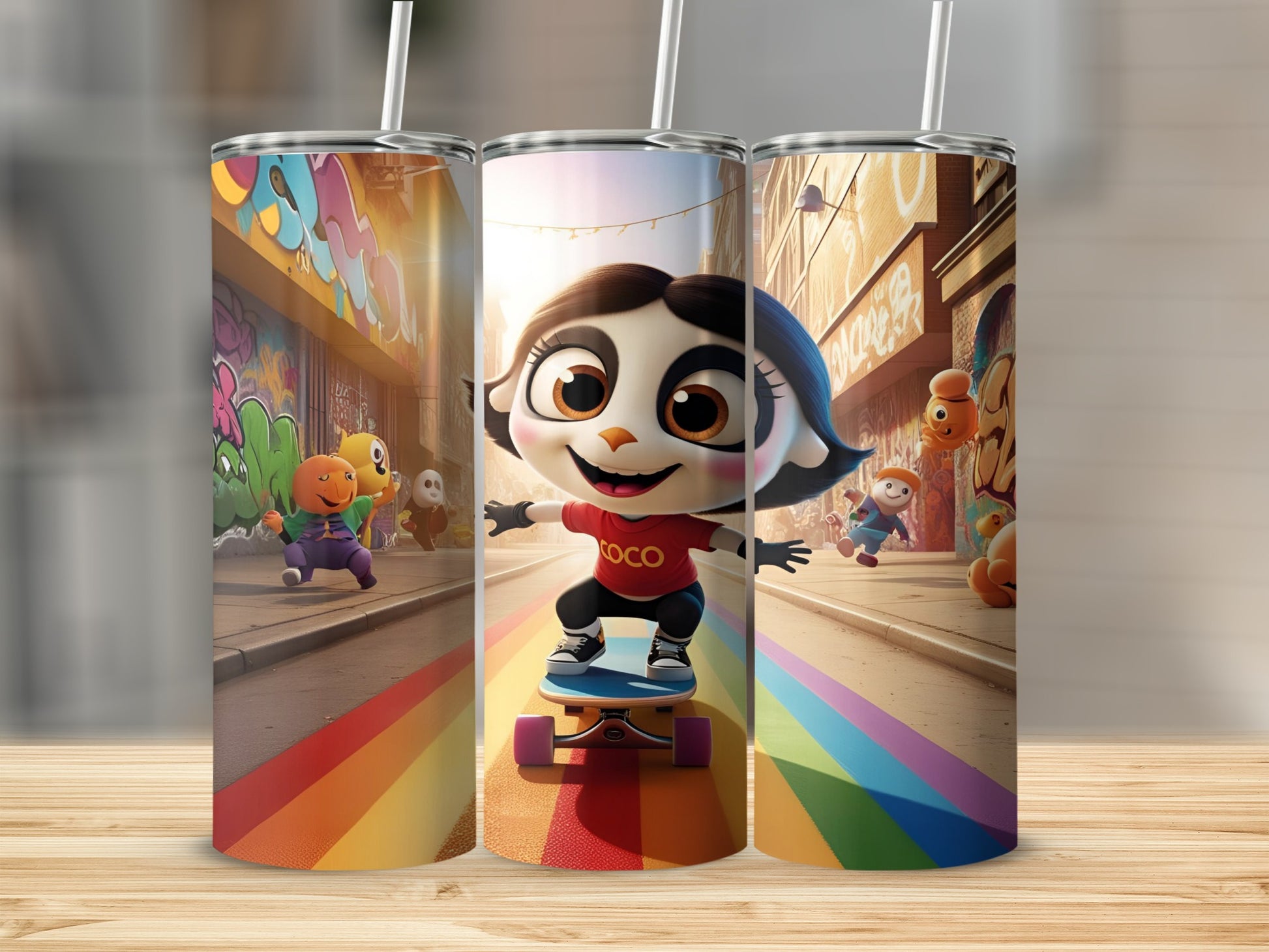 Cartoon girl with red shirt skateboarding on rainbow path.
