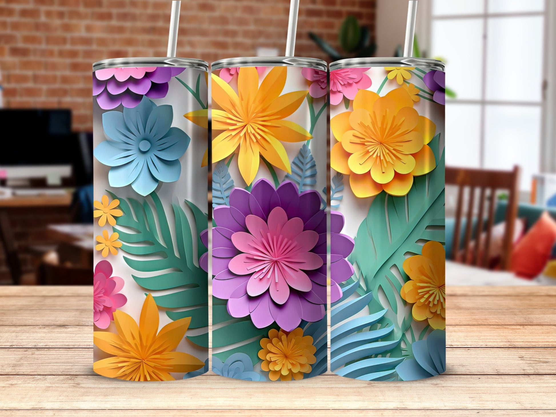 Vibrant Floral Design Tumbler Set for Stylish Drinkware