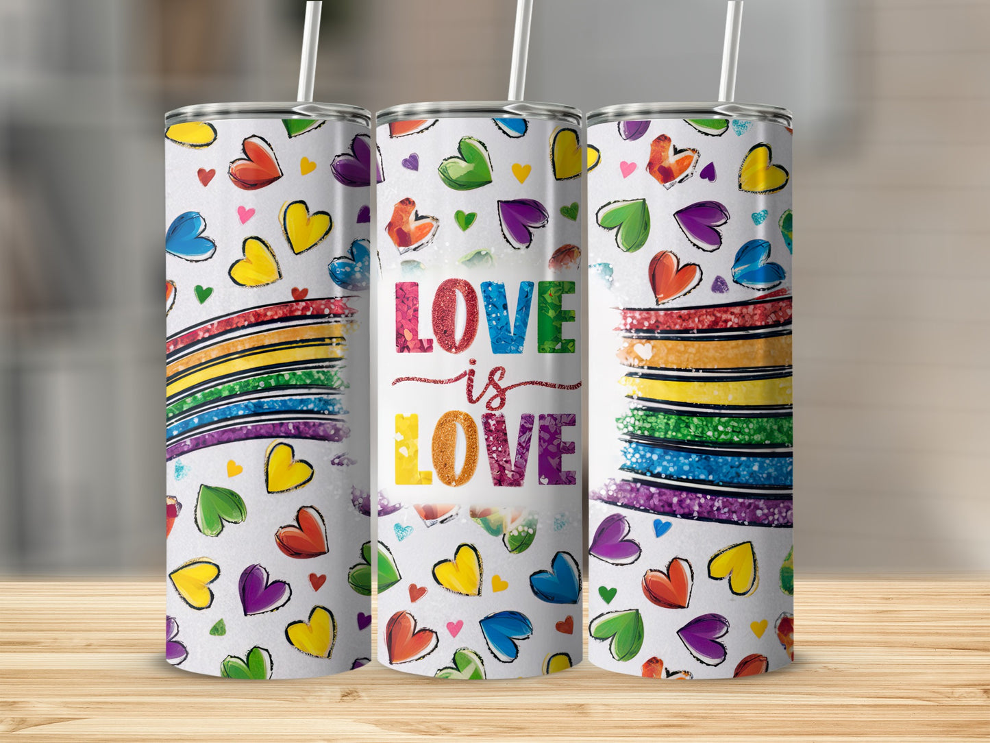 White tumbler with rainbow hearts and "Love is Love" text.