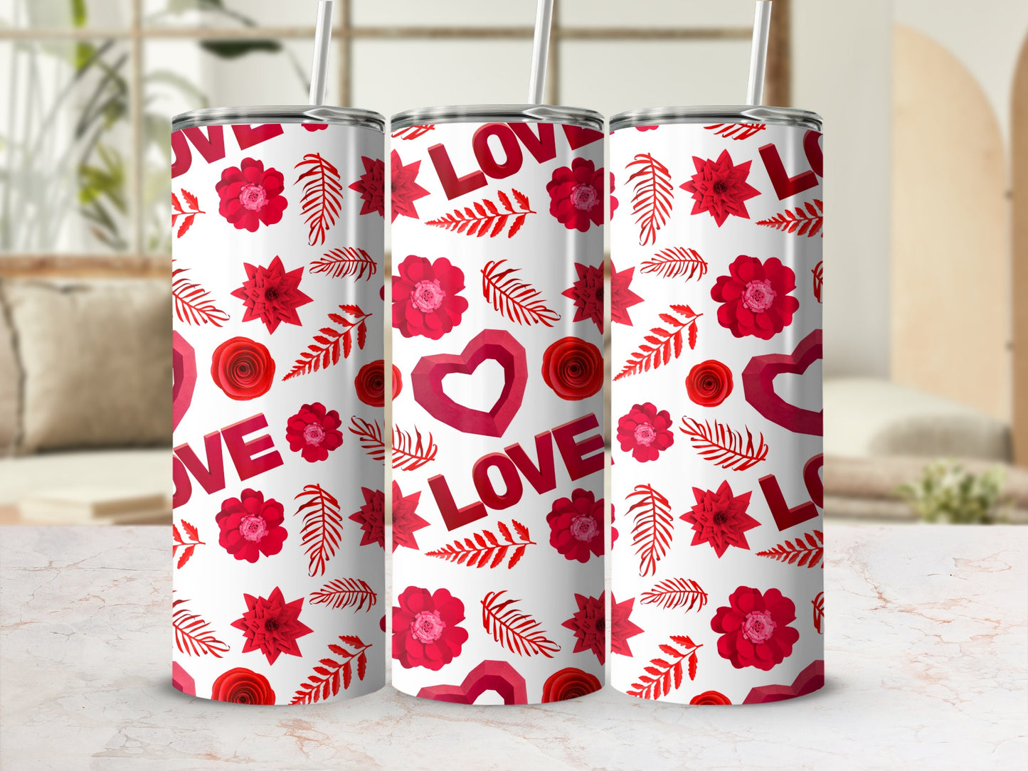 Valentine's Day Floral LOVE Pattern Tumblers