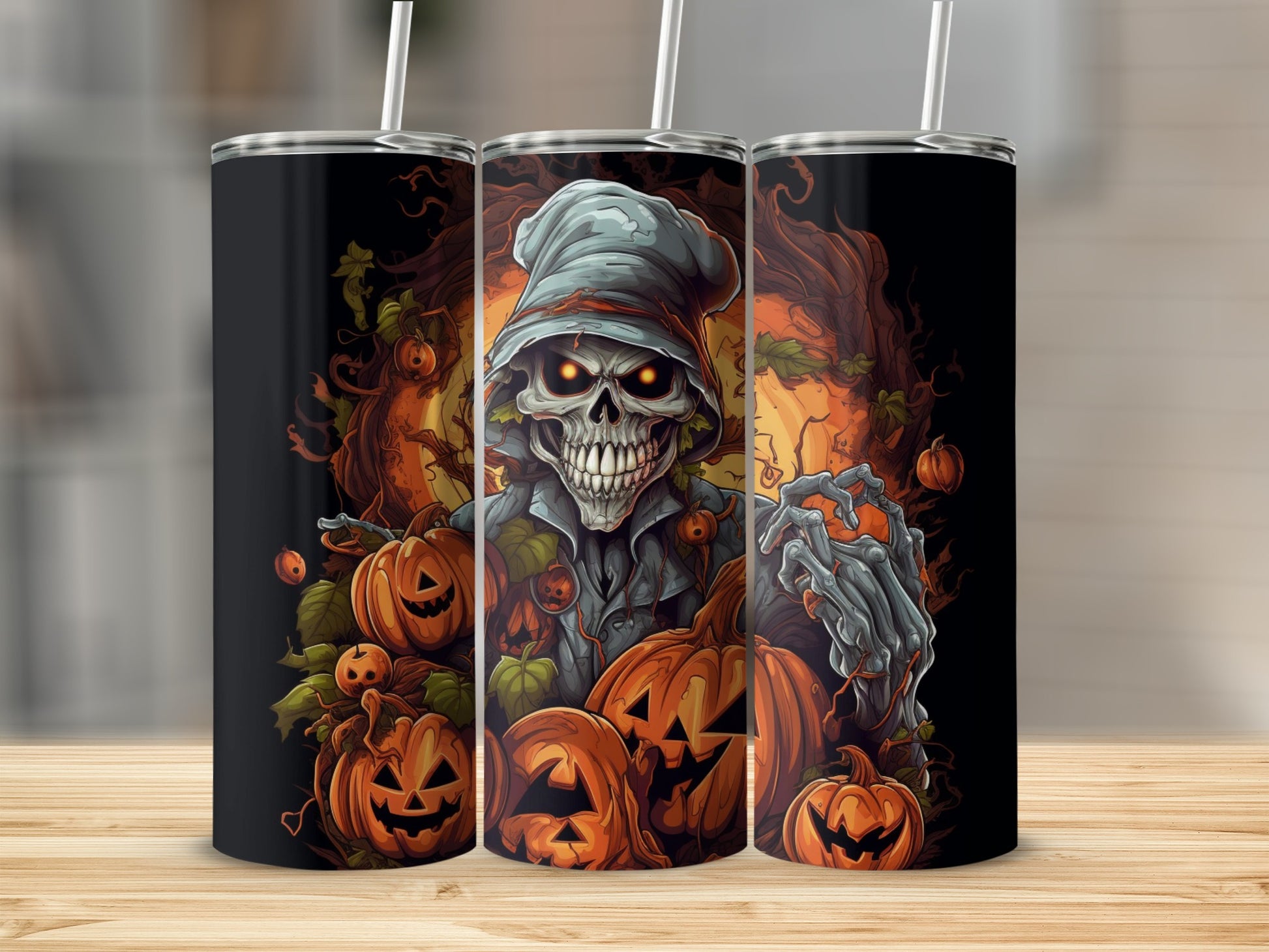 Three tumblers feature a spooky scarecrow illustration with glowing eyes and pumpkins.