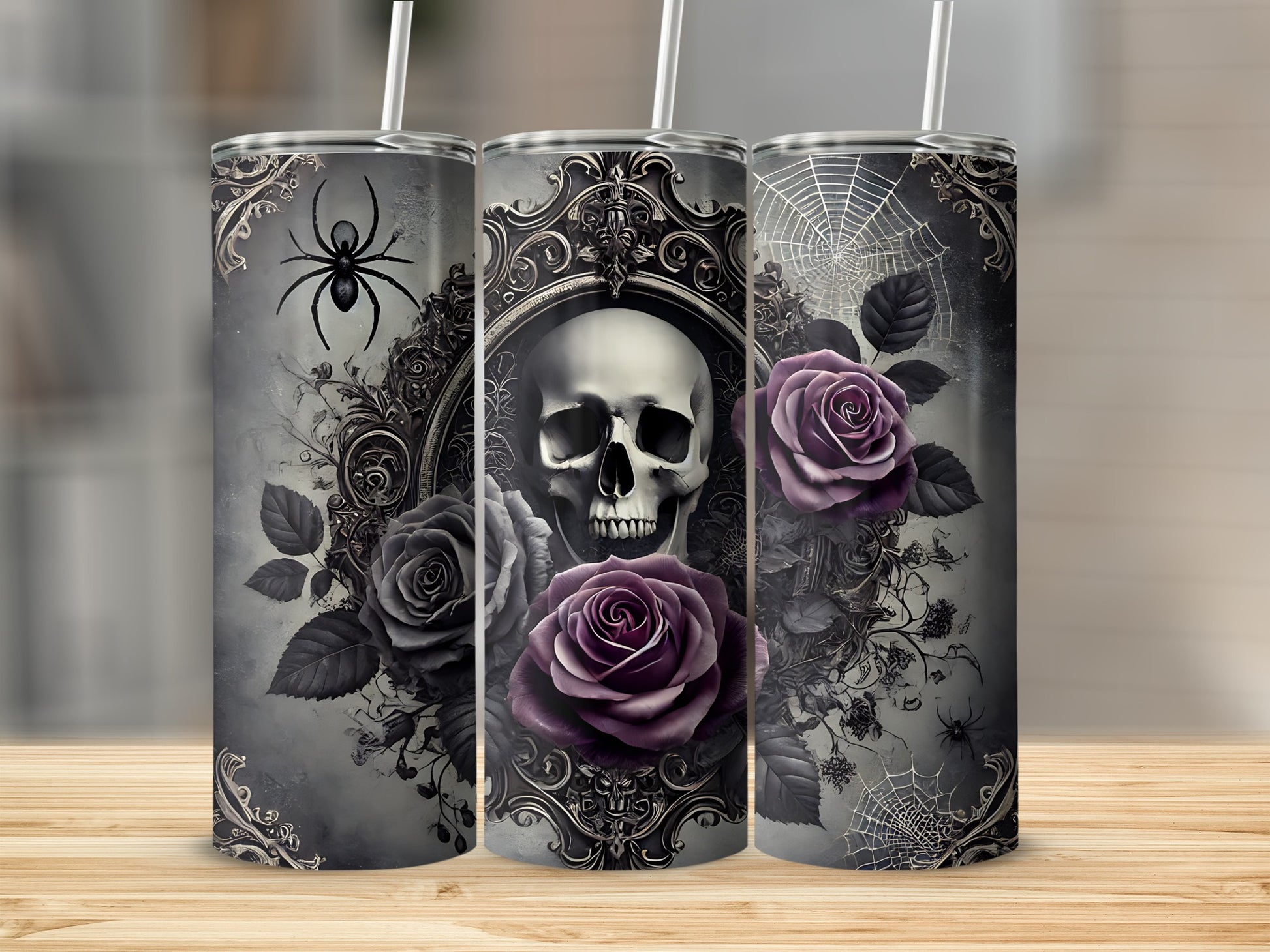 Skull, roses, and spider web pattern on a gothic themed tumbler.