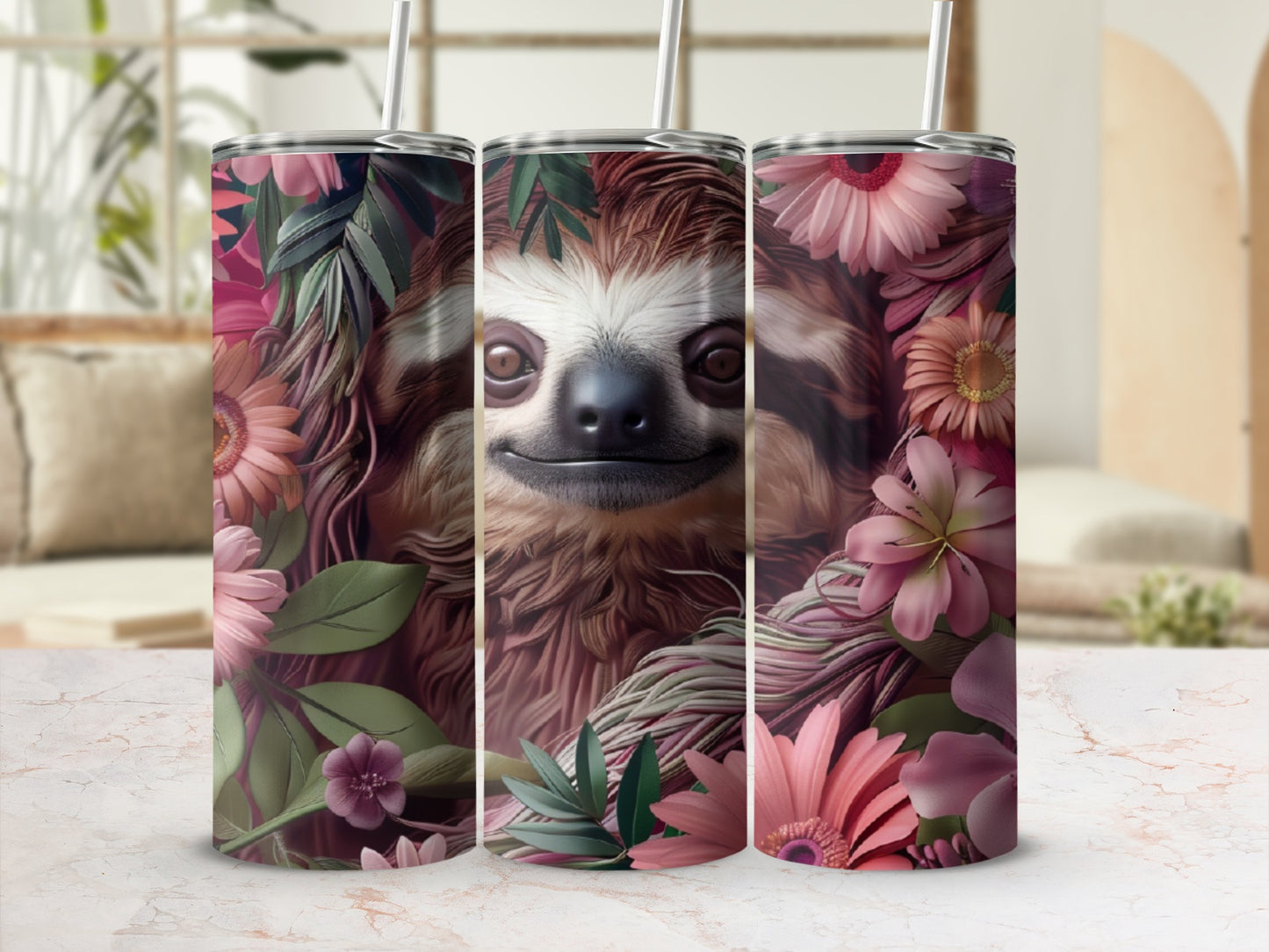 Sloth peeking through floral arrangement on a tumbler.