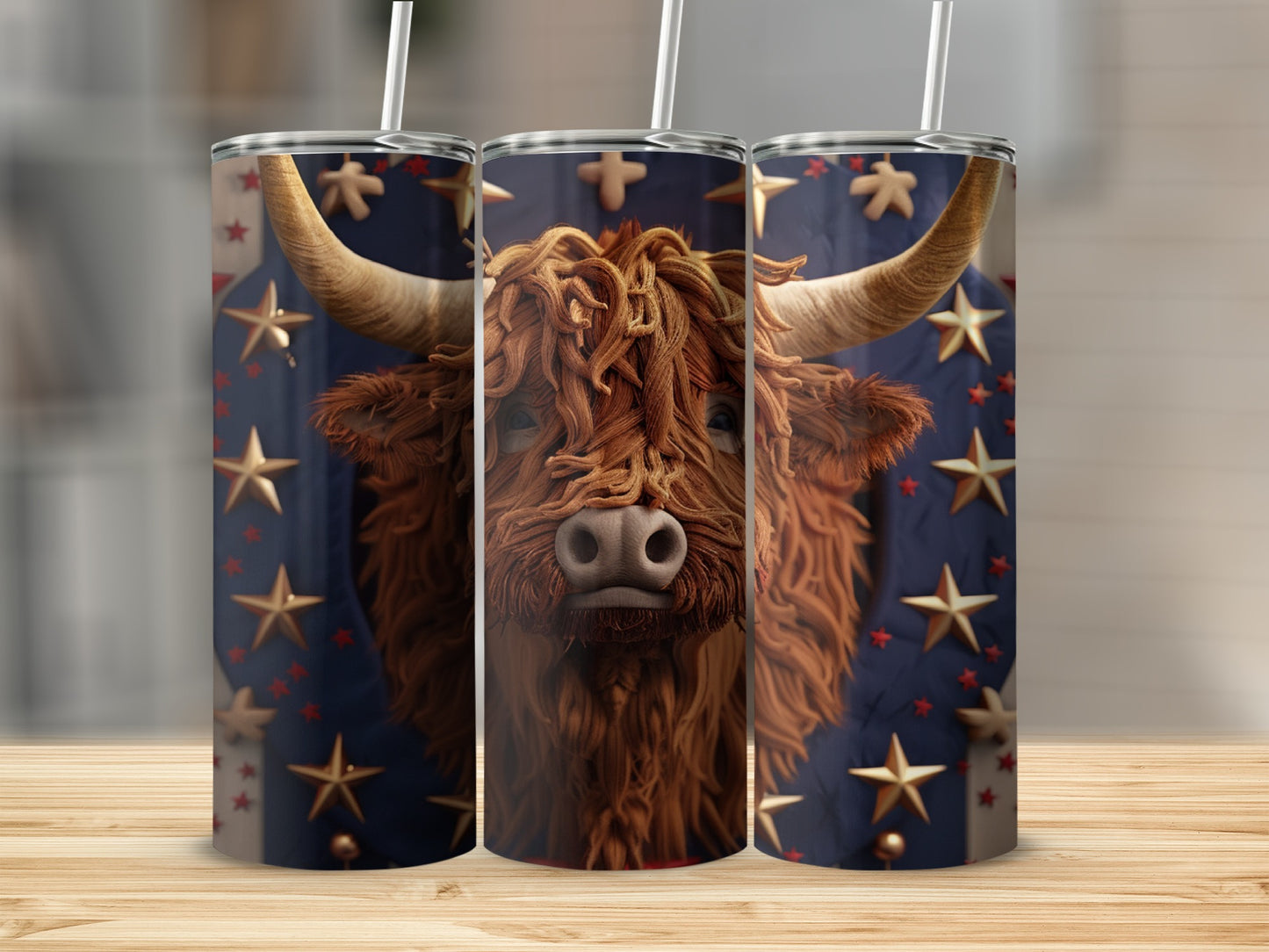 Highland cow with stars and stripes pattern on a tumbler.