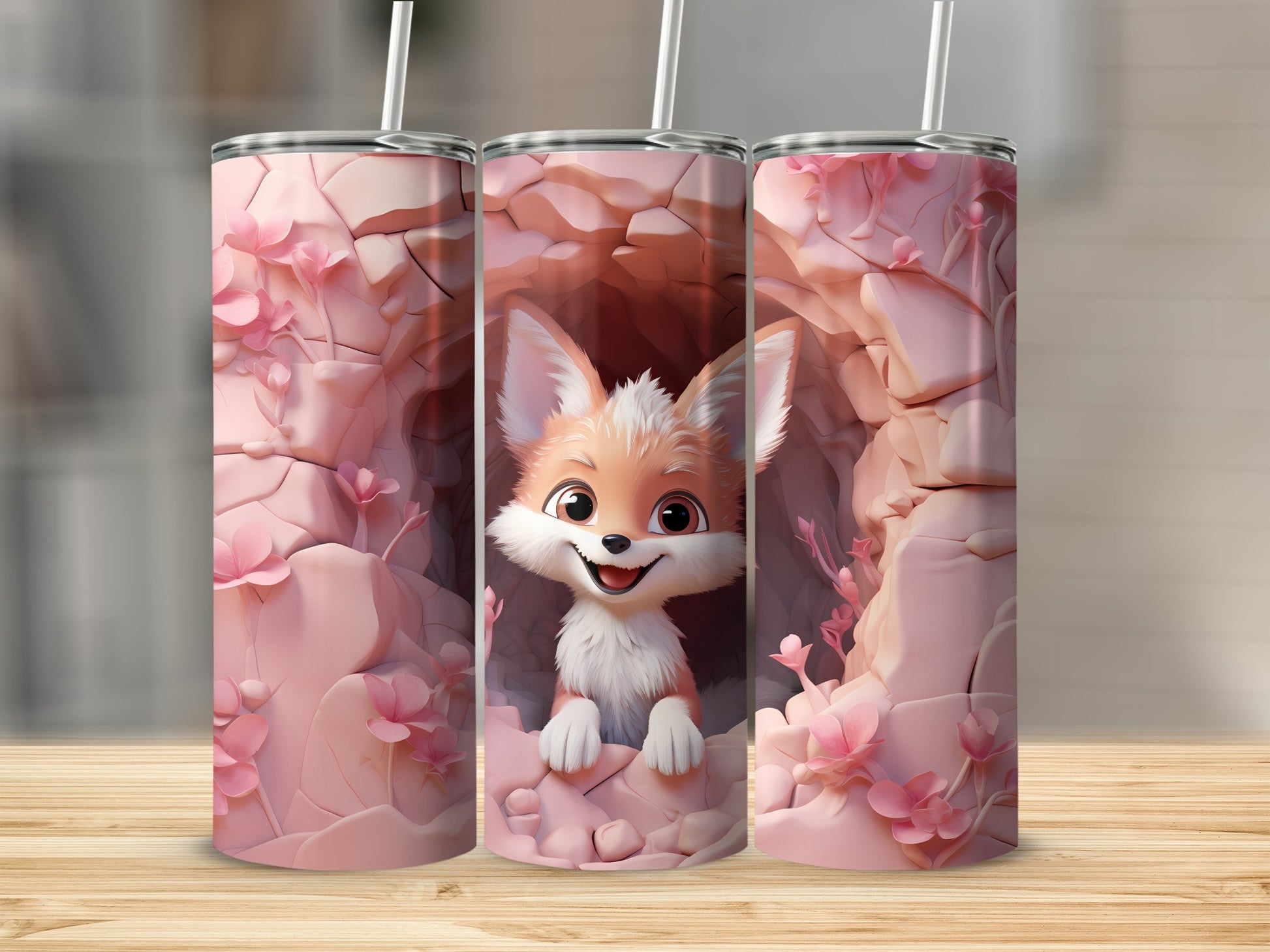 Cute Fox Art in Floral Cave Design Tumbler Product