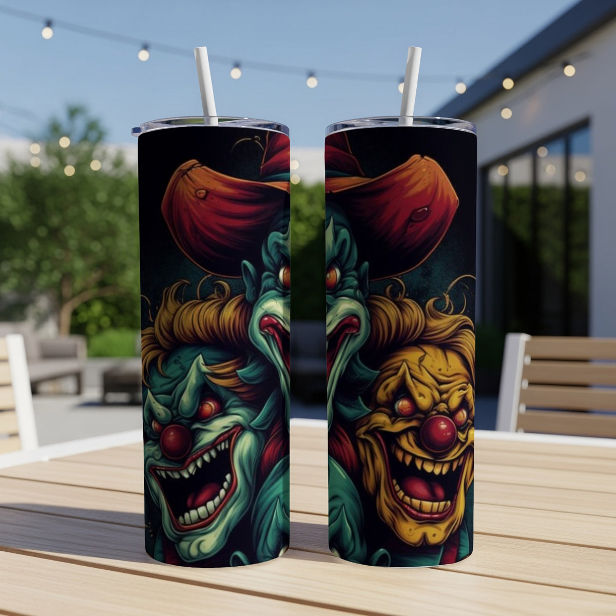Two tumblers with horror clown faces and straws on a wooden table.