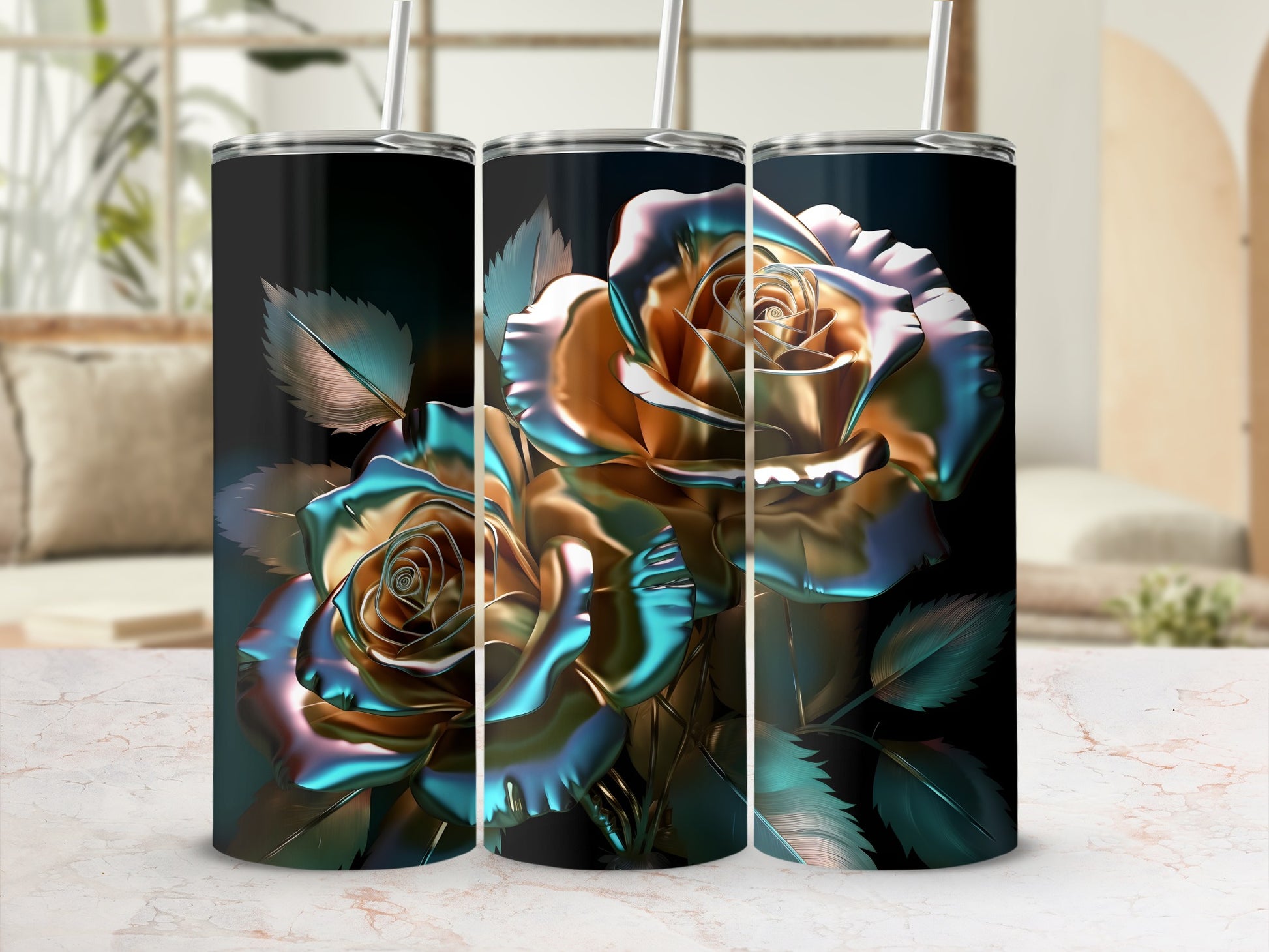 Three tumblers featuring iridescent rose designs.