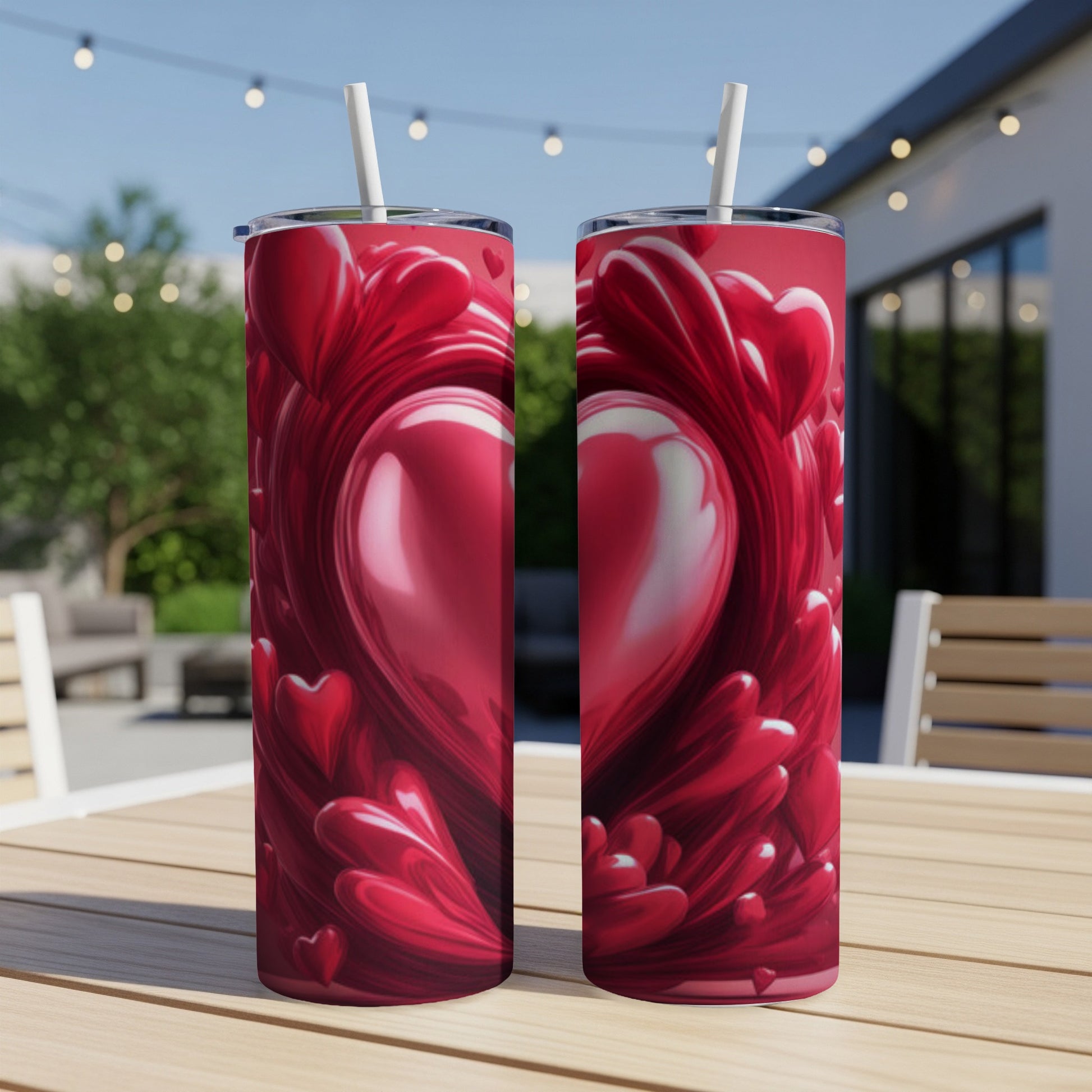 Two tumblers with swirling red hearts design on a wooden table outdoors.
