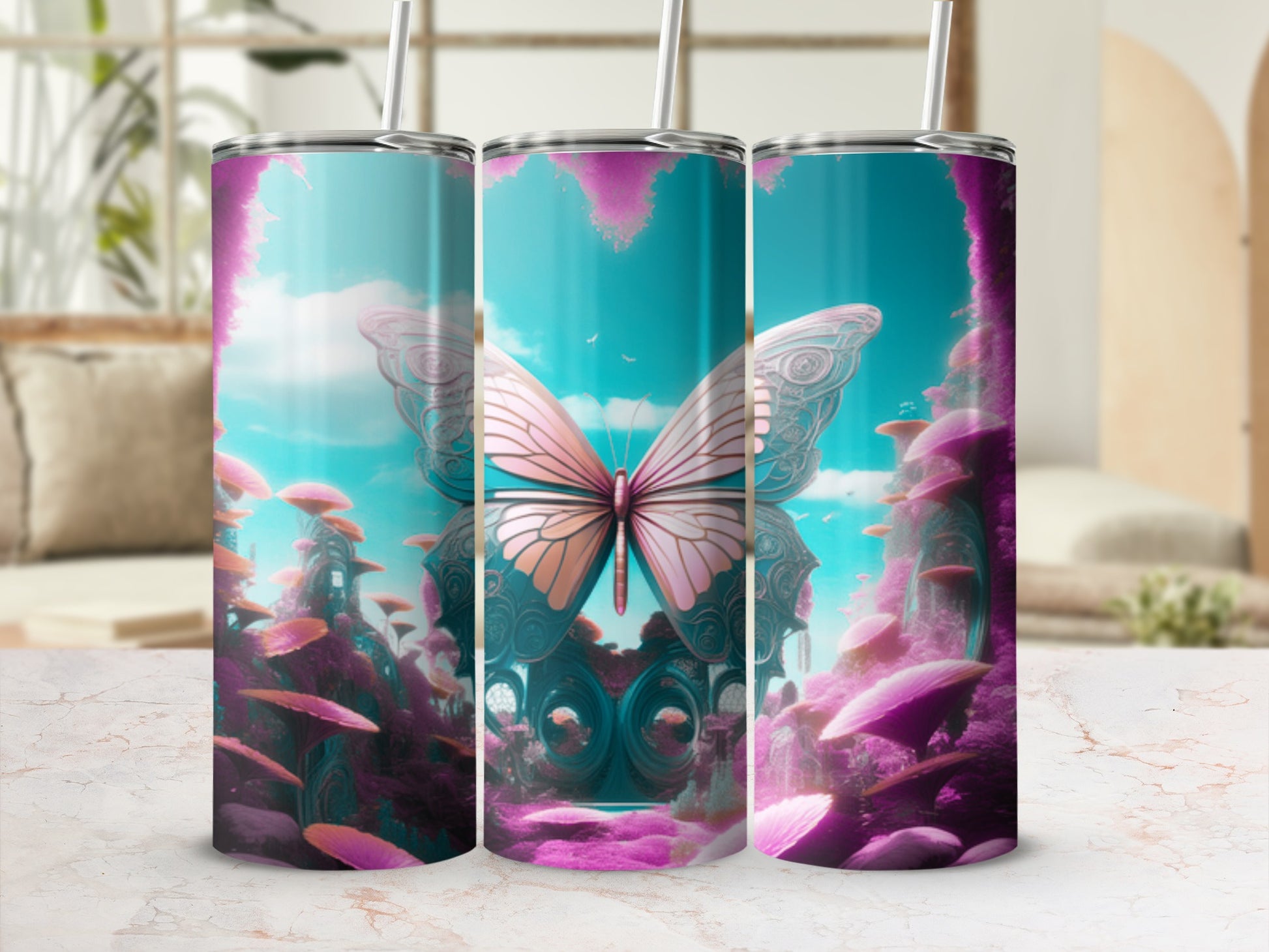 Butterfly and enchanted forest design on a tumbler.