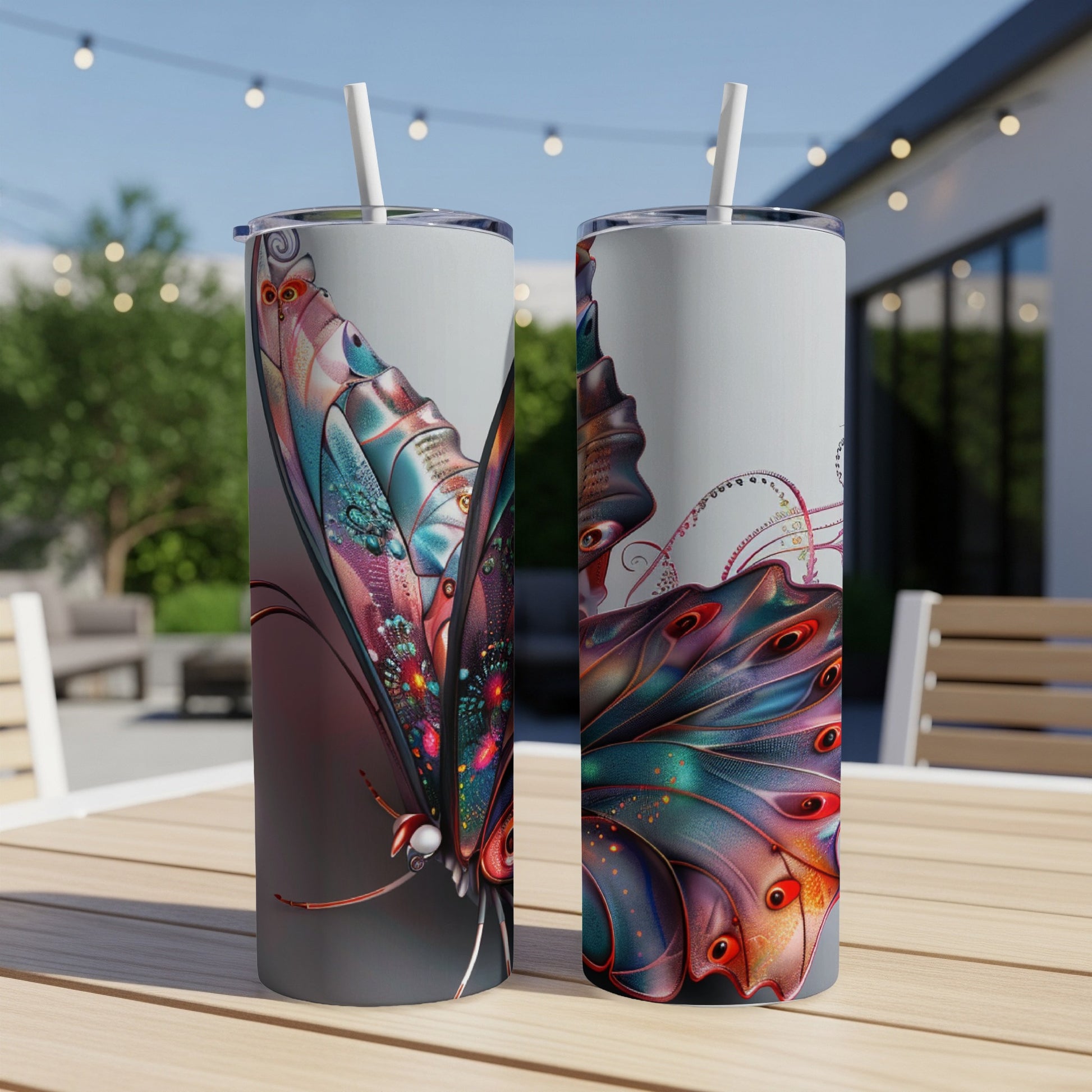 Two insulated tumblers with colorful butterfly wing designs.