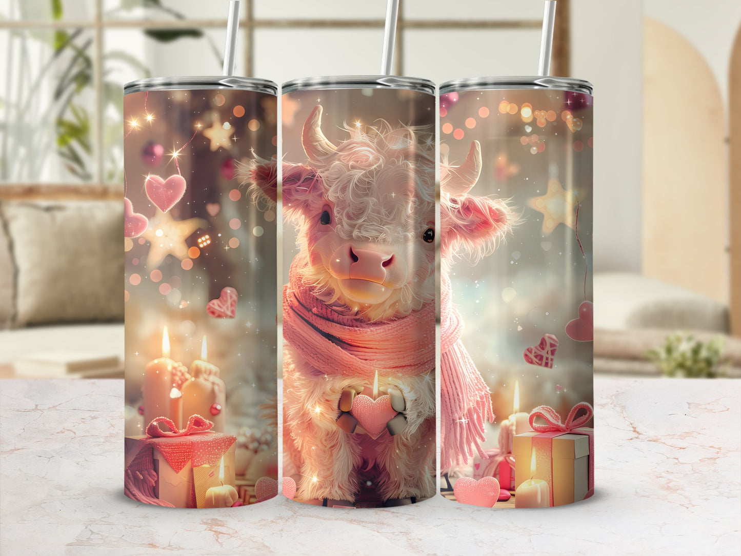 Pink scarf-wearing cow holding heart, surrounded by gifts and candles.